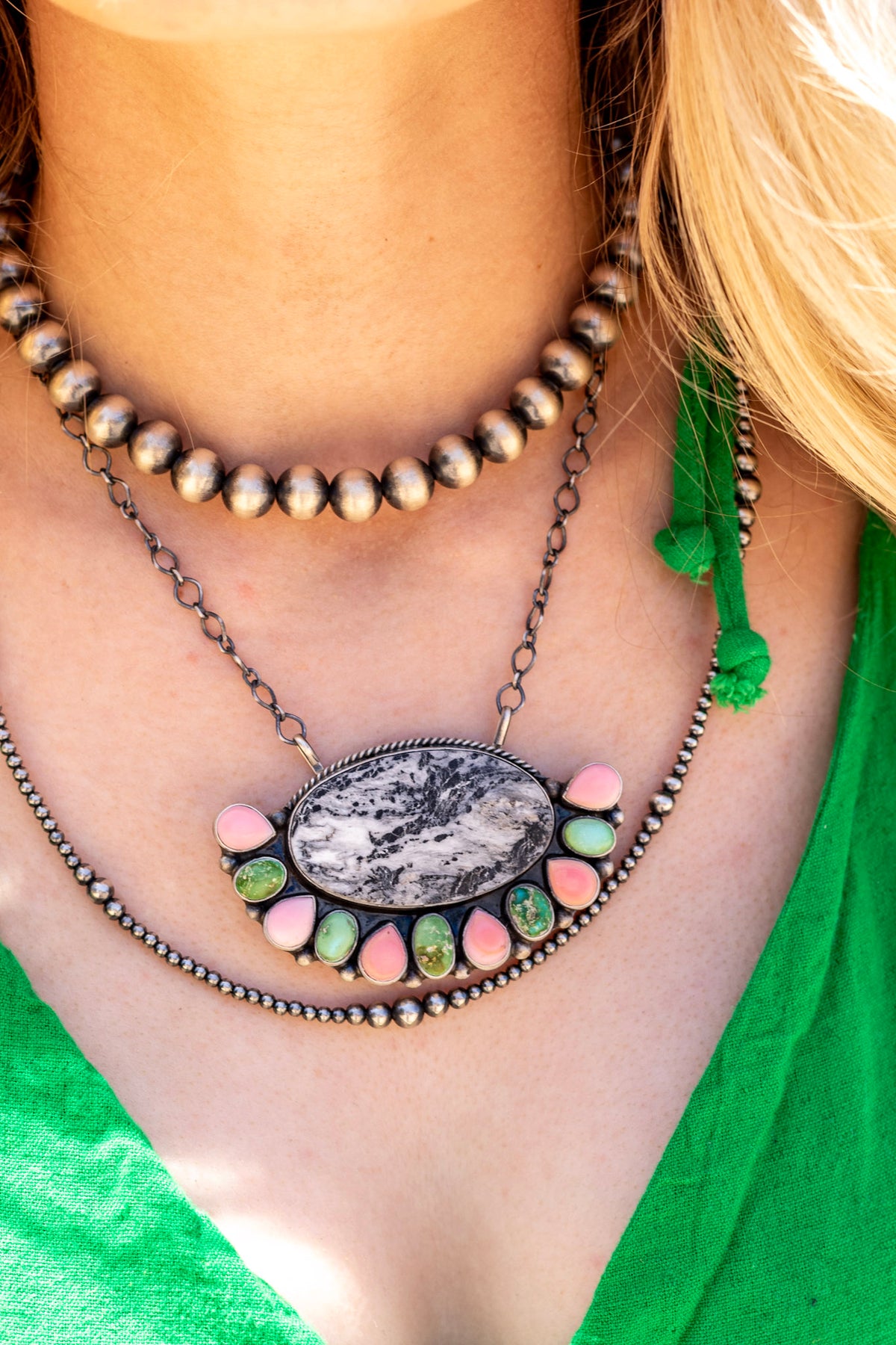 Navajo Made Multi Stone & Sterling Silver Cluster Necklace