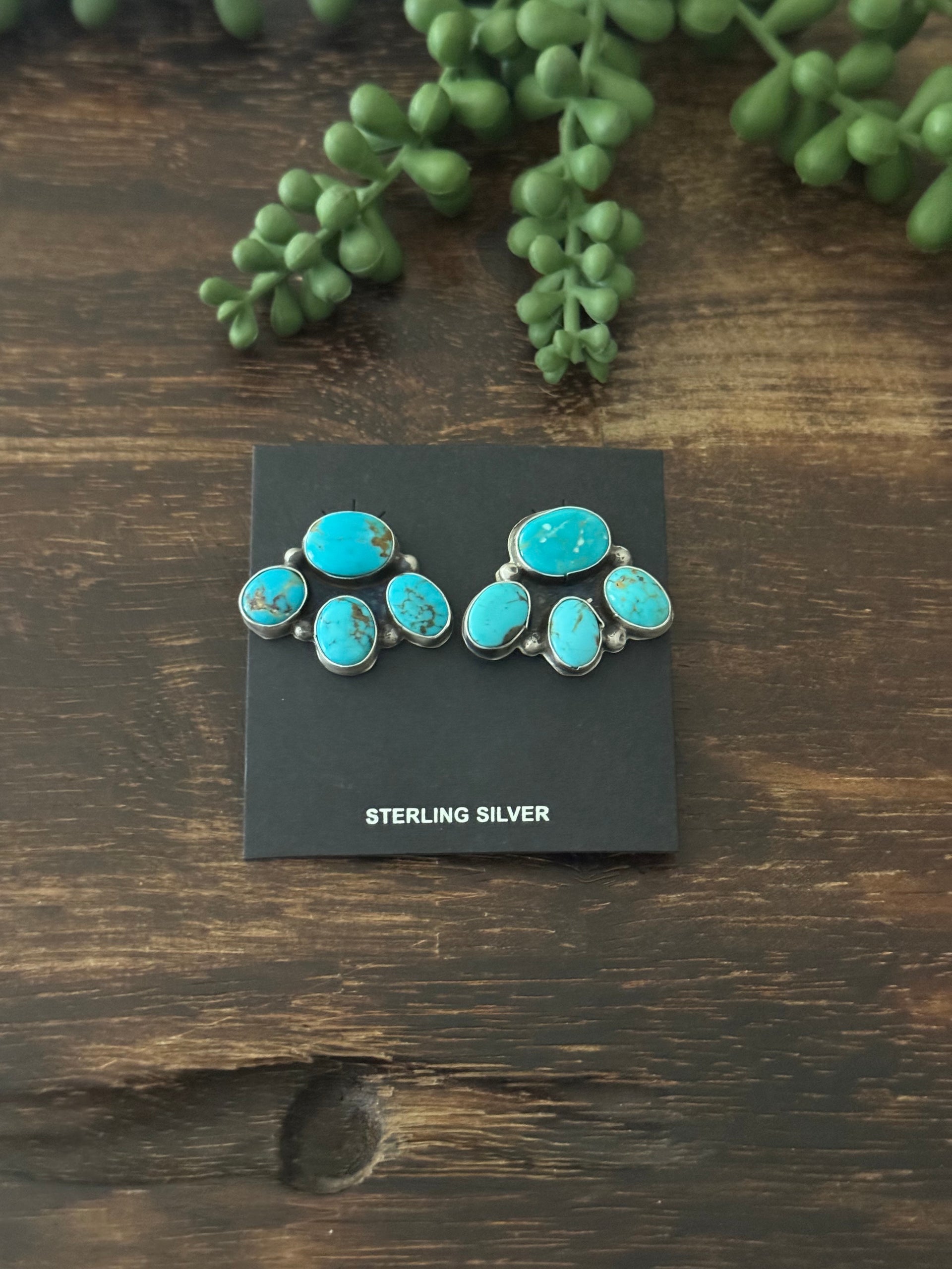 Navajo Made Kingman Turquoise & Sterling Silver Post Dangle Cluster Earrings