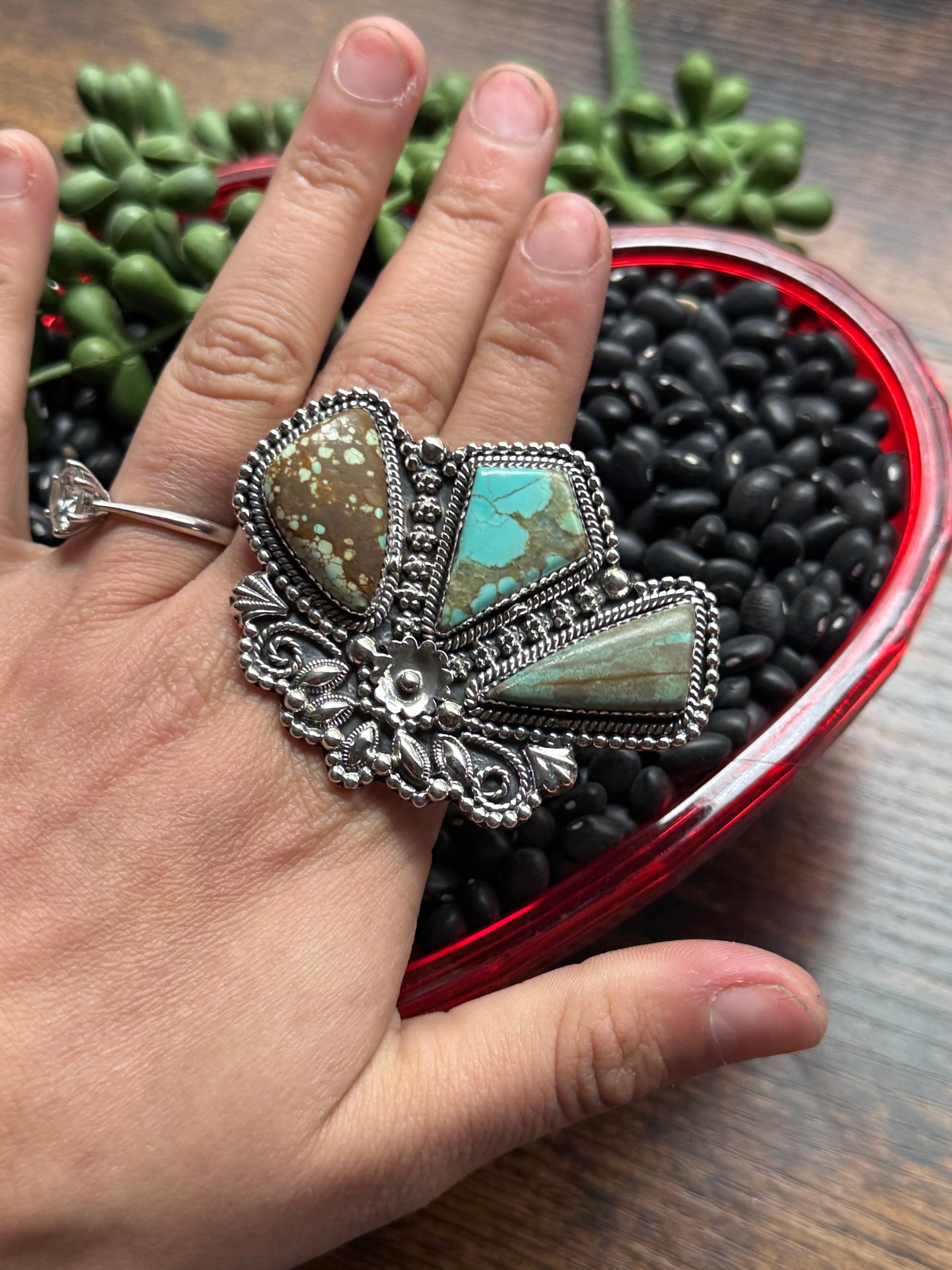 Southwest Handmade #8 Turquoise & Sterling Silver Adjustable Cluster Ring