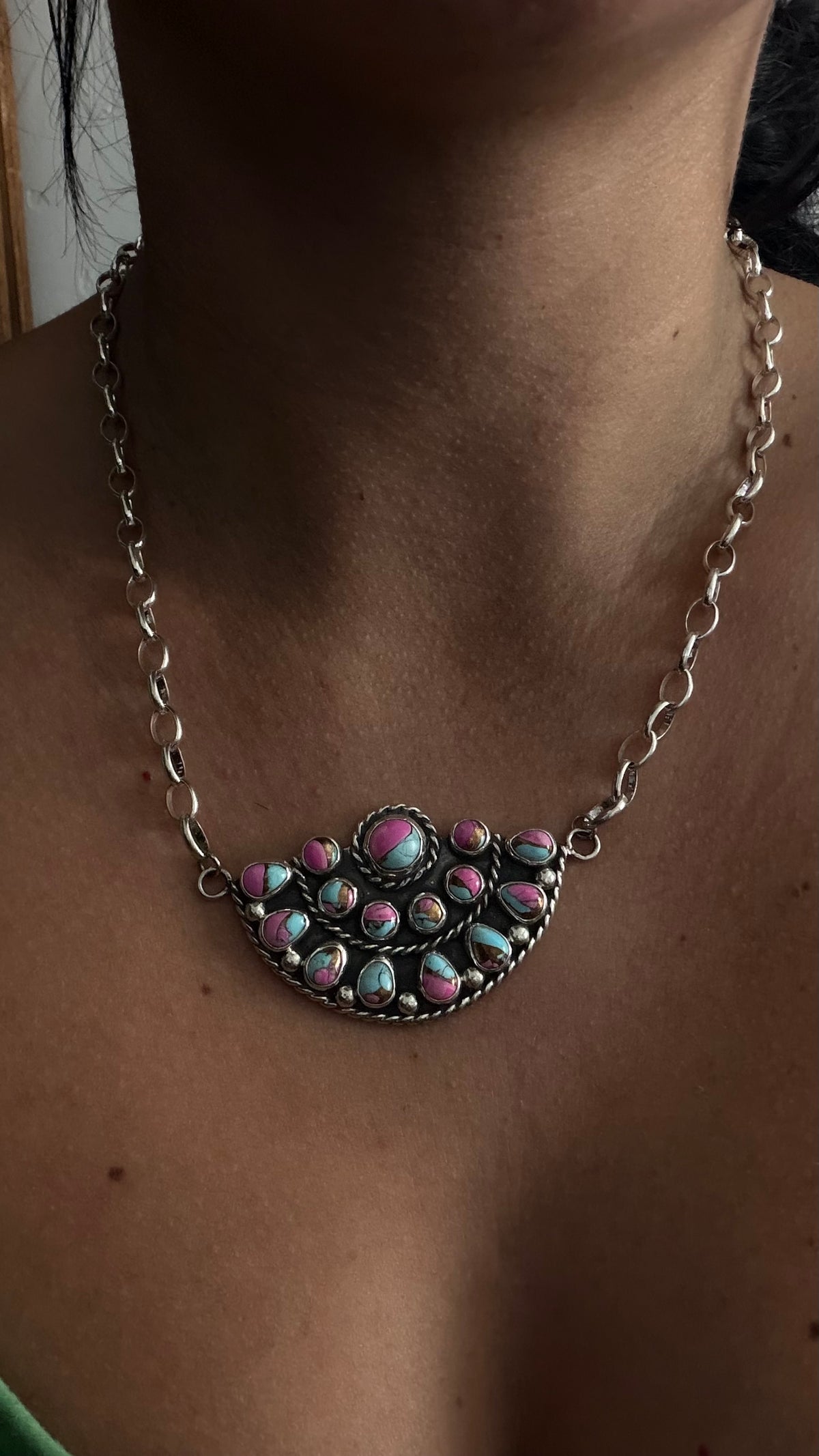 Navajo Made Cotton Candy Dahlia & Sterling Silver Cluster Necklace