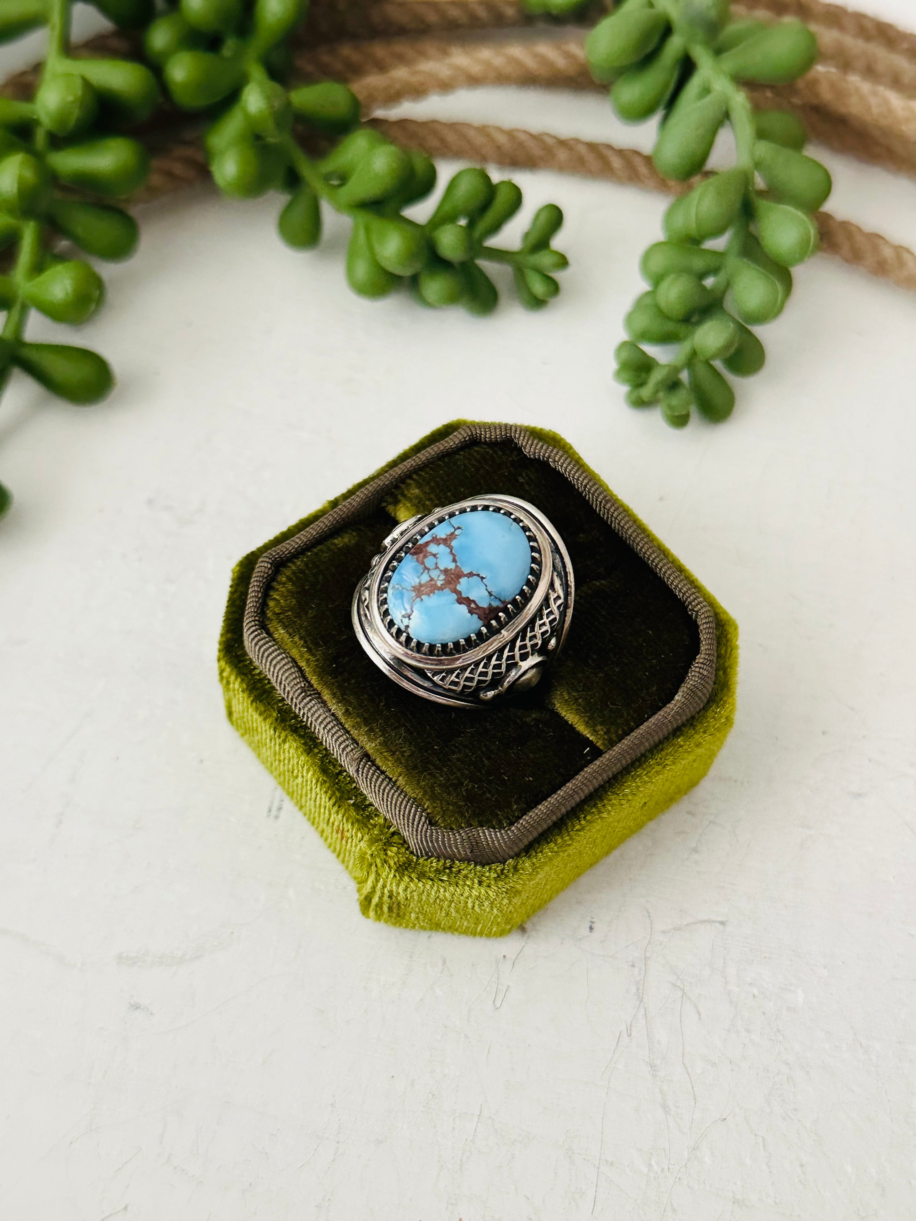 Navajo Made Golden Hills Turquoise & Sterling Silver Ring Size 7.75