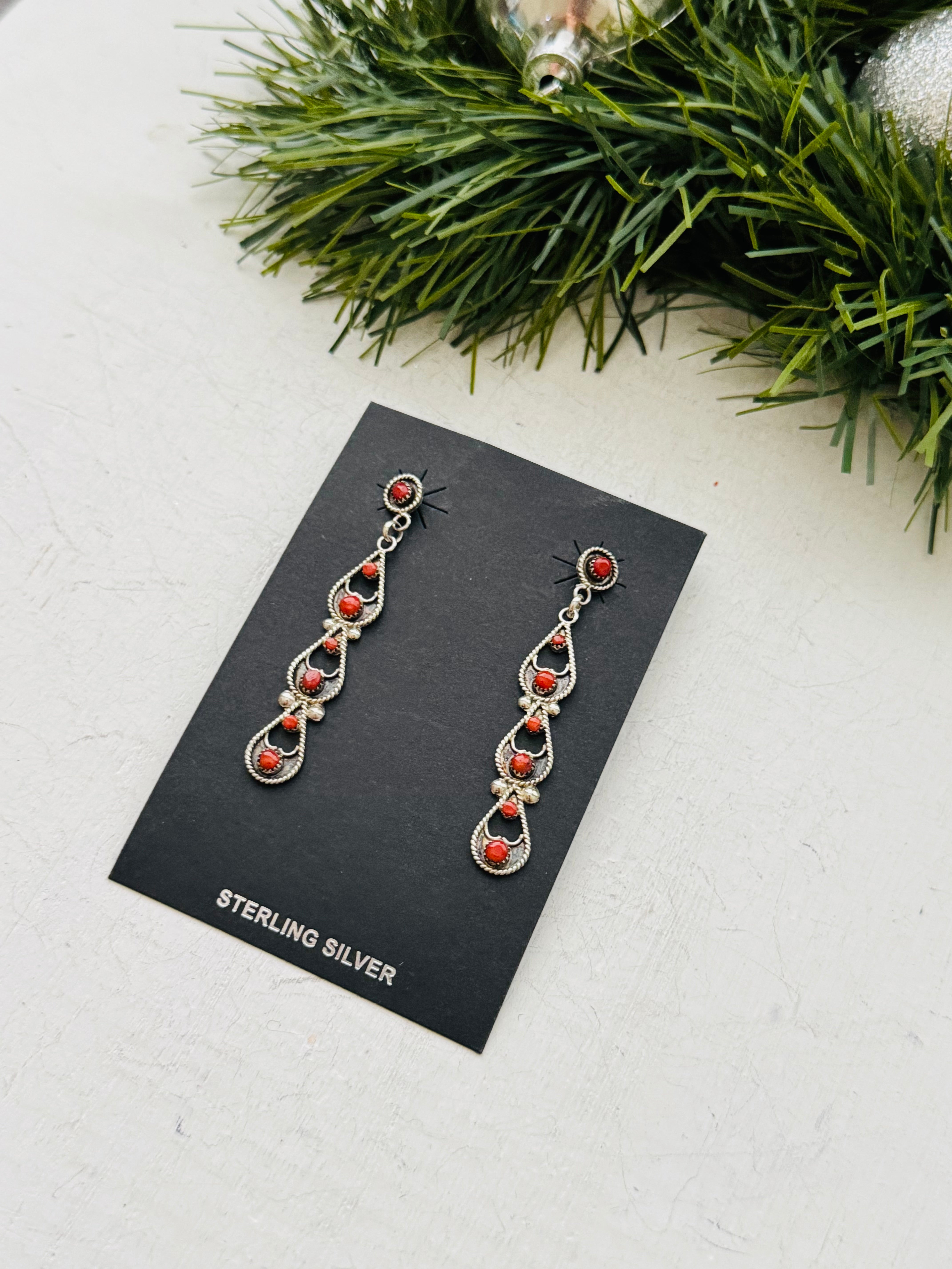 Zuni Made Red Coral & Sterling Silver Post Dangle Earrings