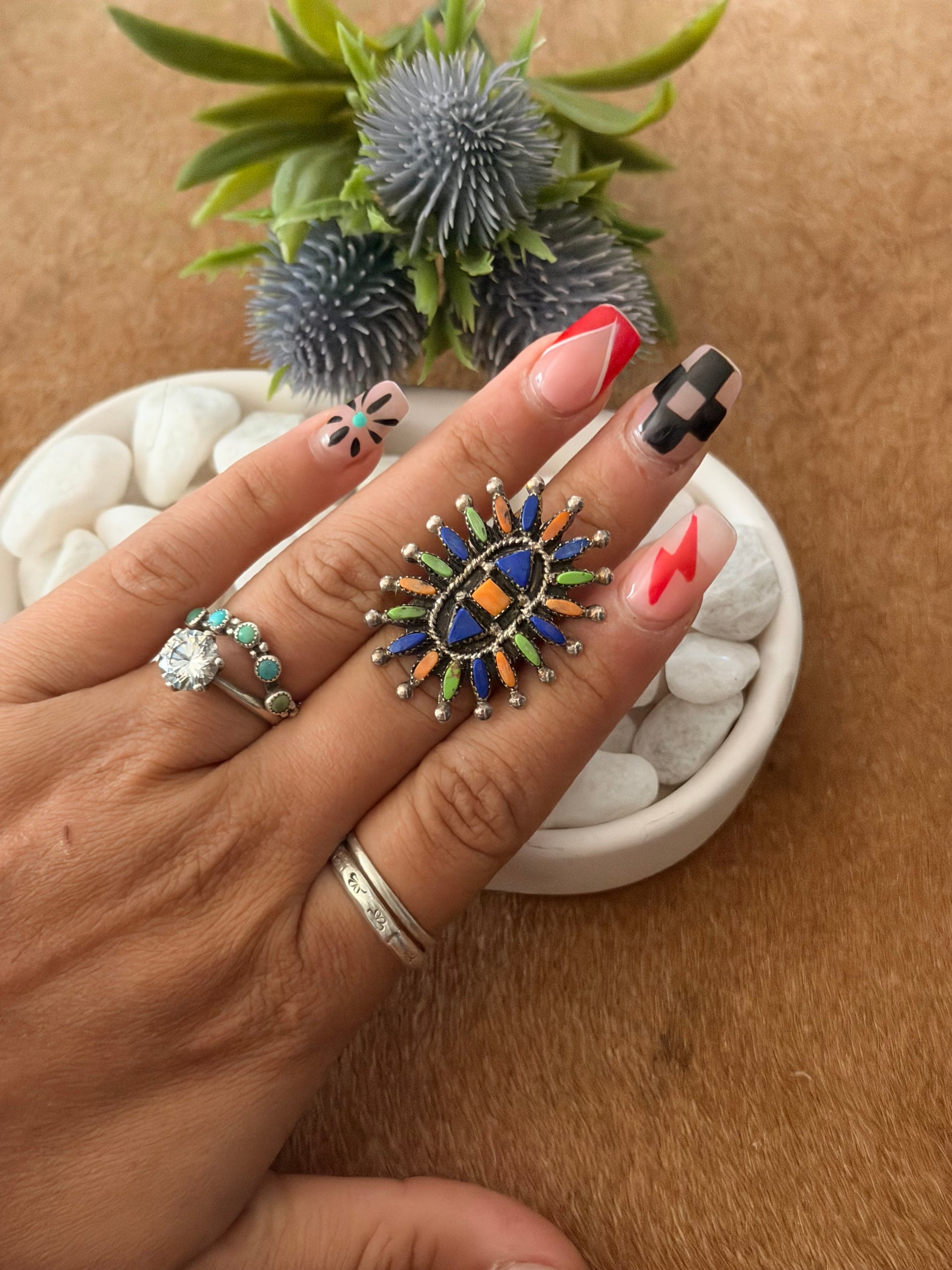 Zuni Made Multi Stone & Sterling Silver Cluster Petite Ring Size 5.75