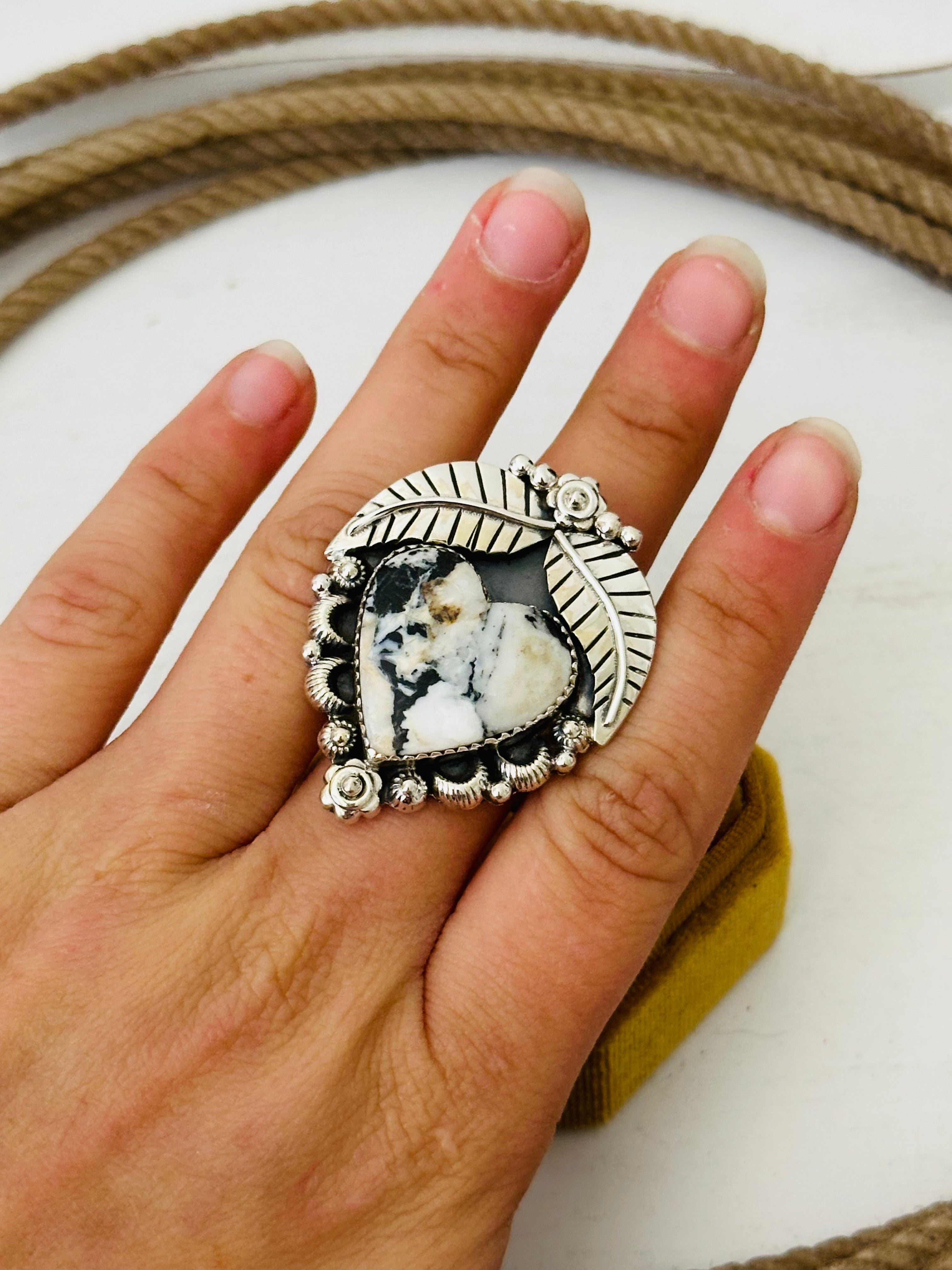 Southwest Handmade White Buffalo & Sterling Silver Adjustable Ring