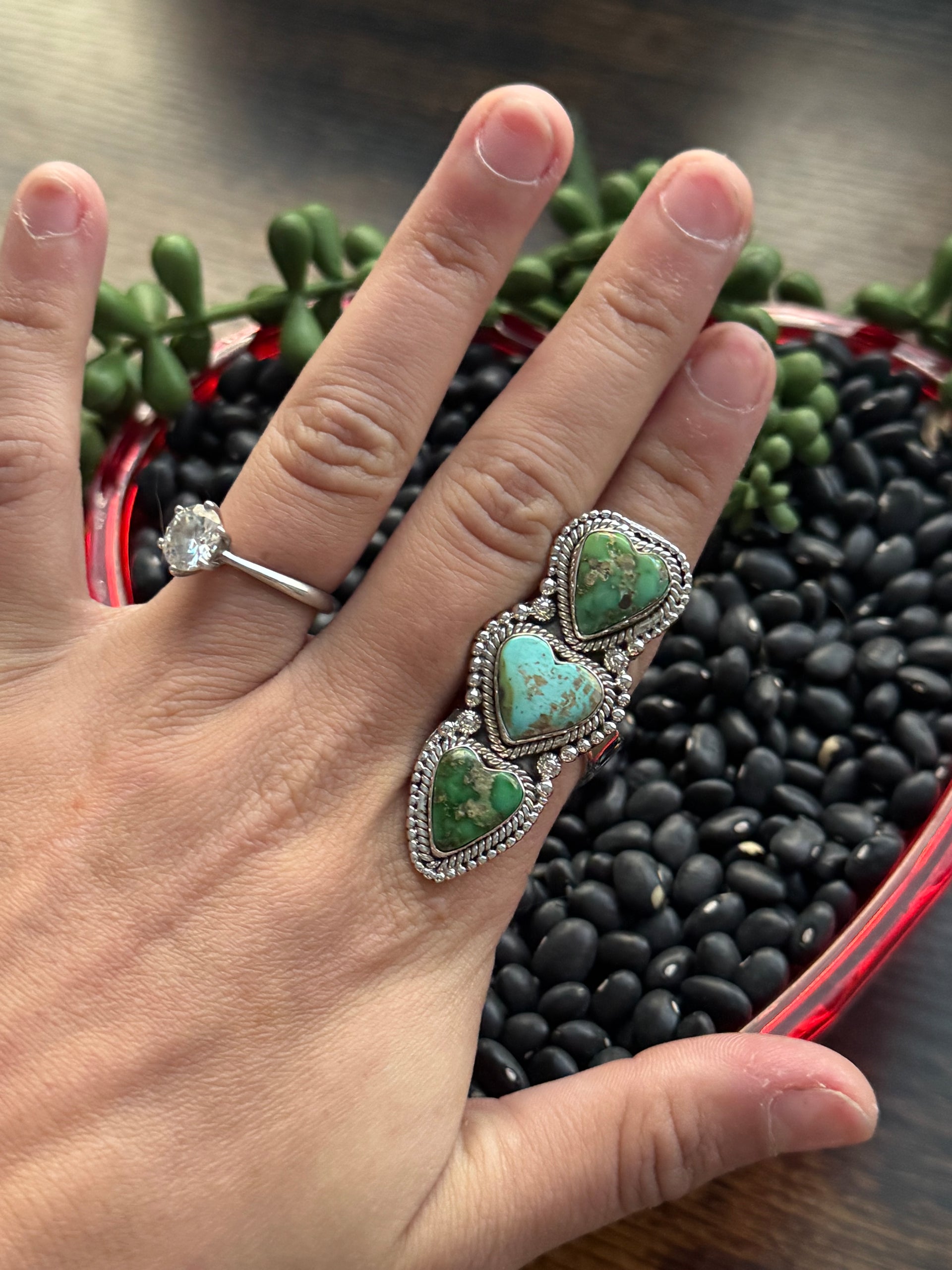 Southwest Handmade Sonoran Mountain Turquoise & Sterling Silver Adjustable Cluster Triple Heart Ring