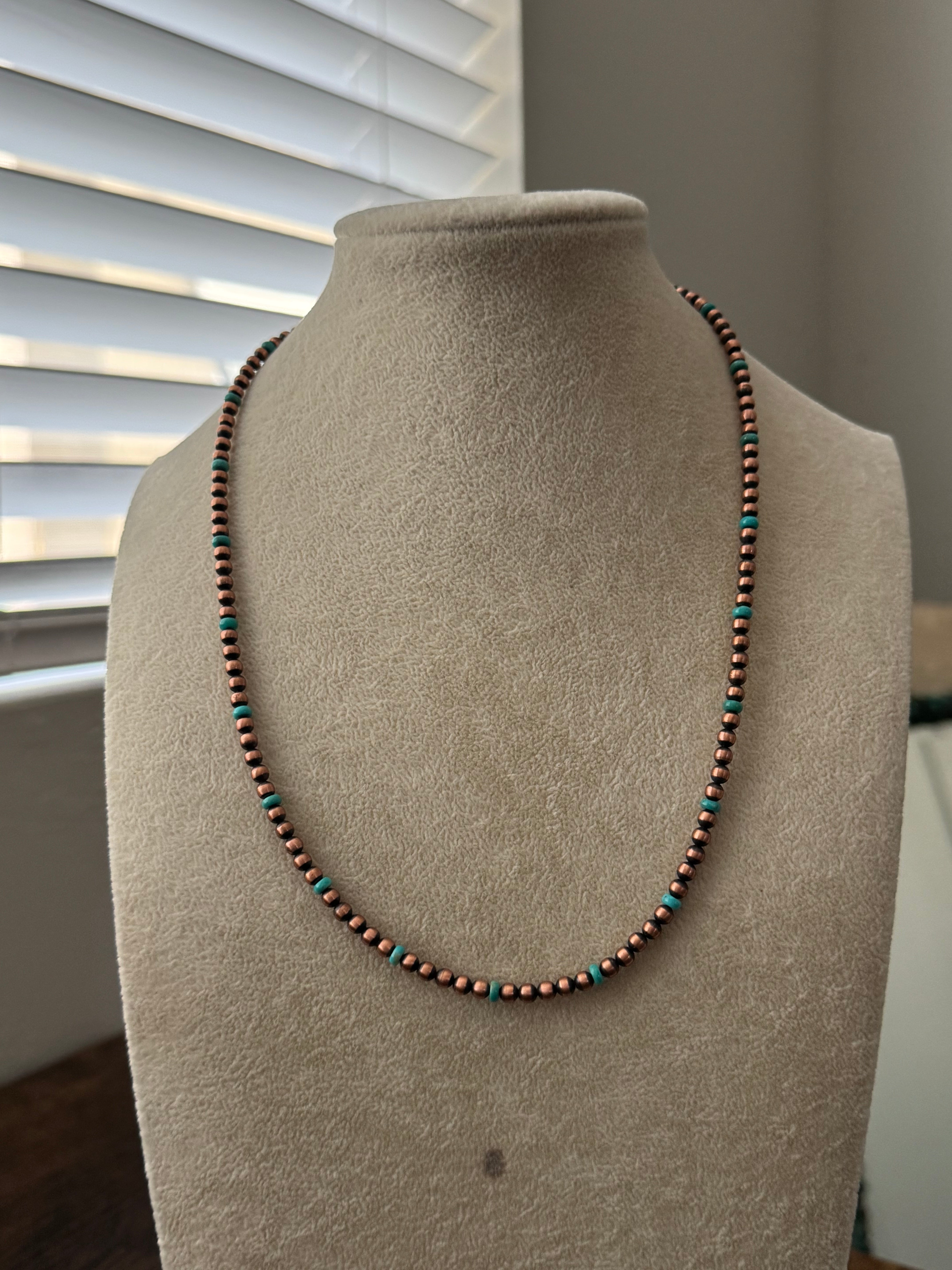 Navajo Strung Kingman Turquoise & Copper & Sterling Silver Graduated Beaded Necklace