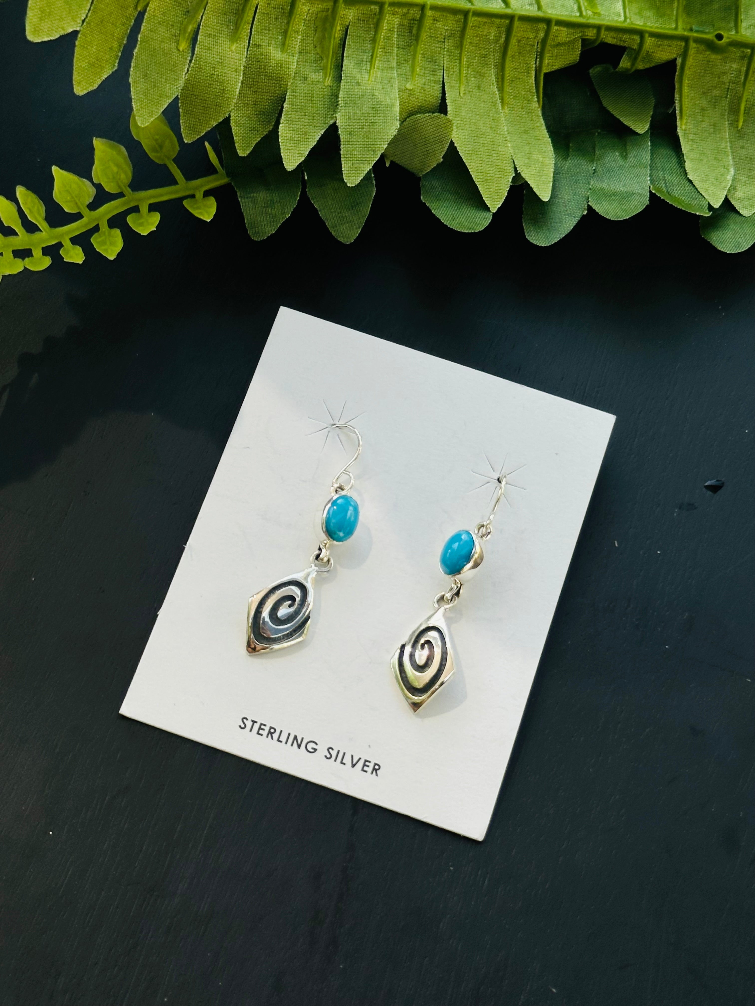 Navajo Made Kingman Turquoise & Sterling Silver Dangle Earrings