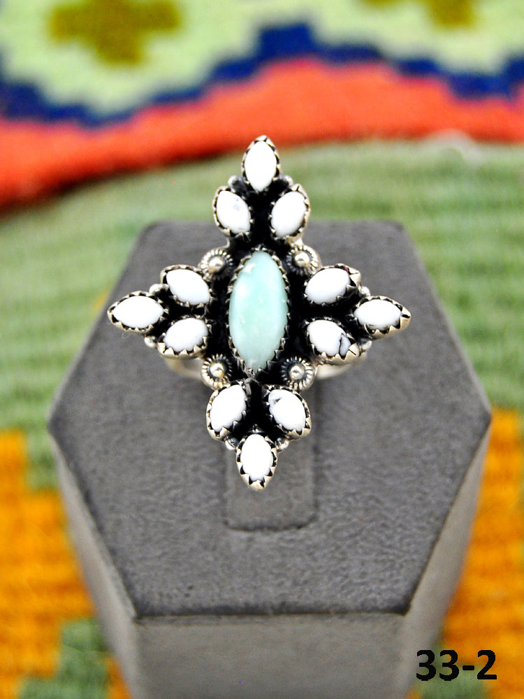 Southwest Handmade Paloma with White Buffalo & Sterling Silver Adjustable Ring