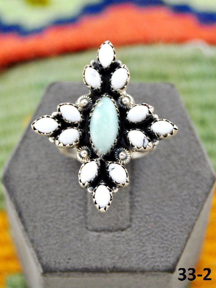 Southwest Handmade Paloma with White Buffalo & Sterling Silver Adjustable Ring