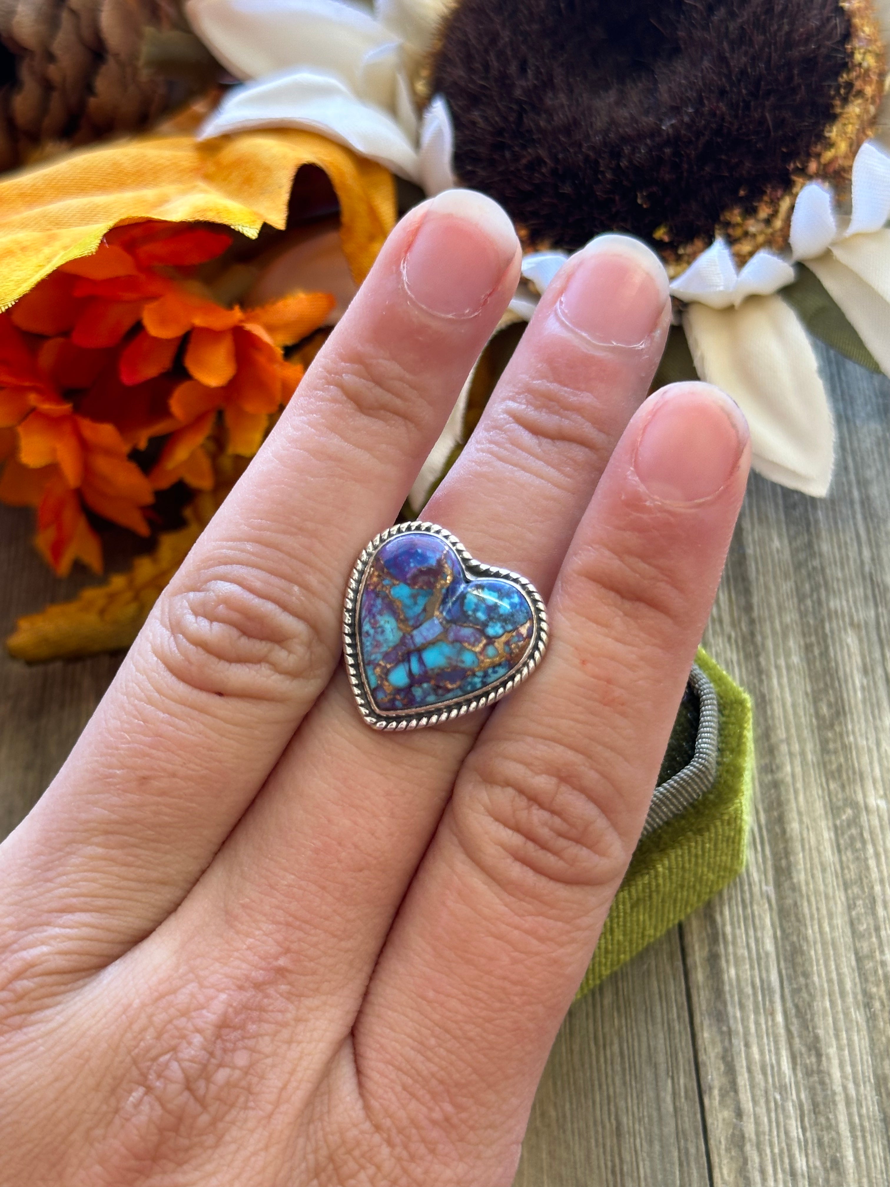 Southwest Handmade Mohave Turquoise & Sterling Silver Adjustable Heart Ring