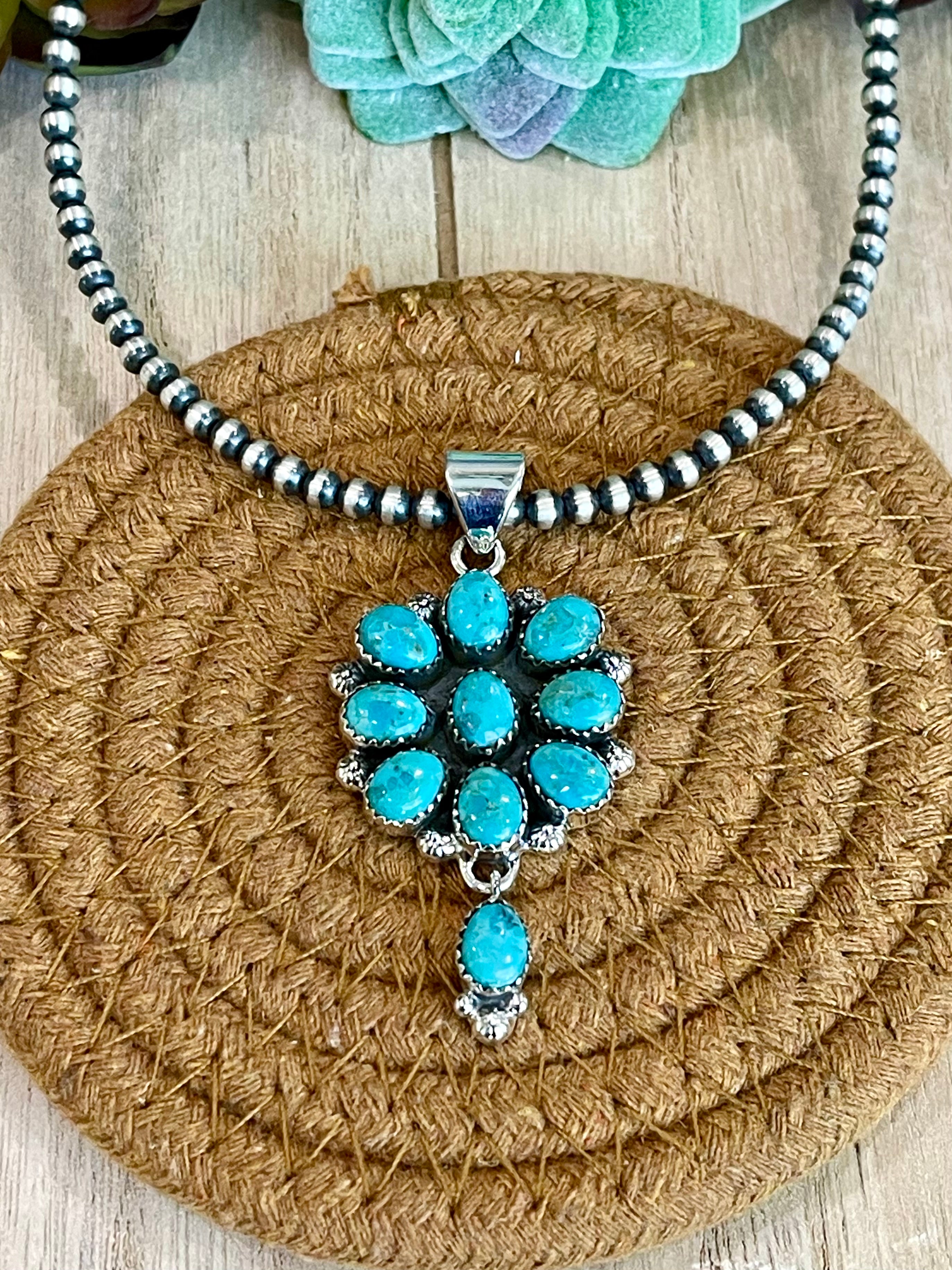 Southwest Handmade Kingman Turquoise & Sterling Silver Cluster Dangle Pendant