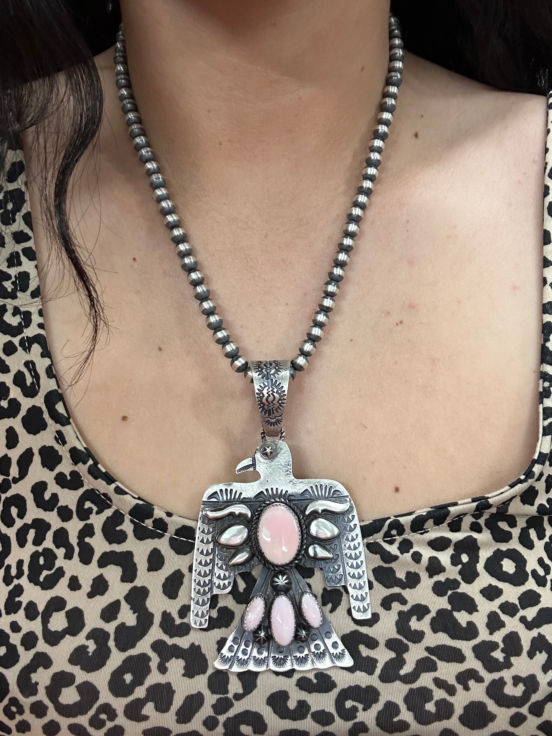 Richard Yazzie Pink Conch & Sterling Silver Thunderbird Pendant