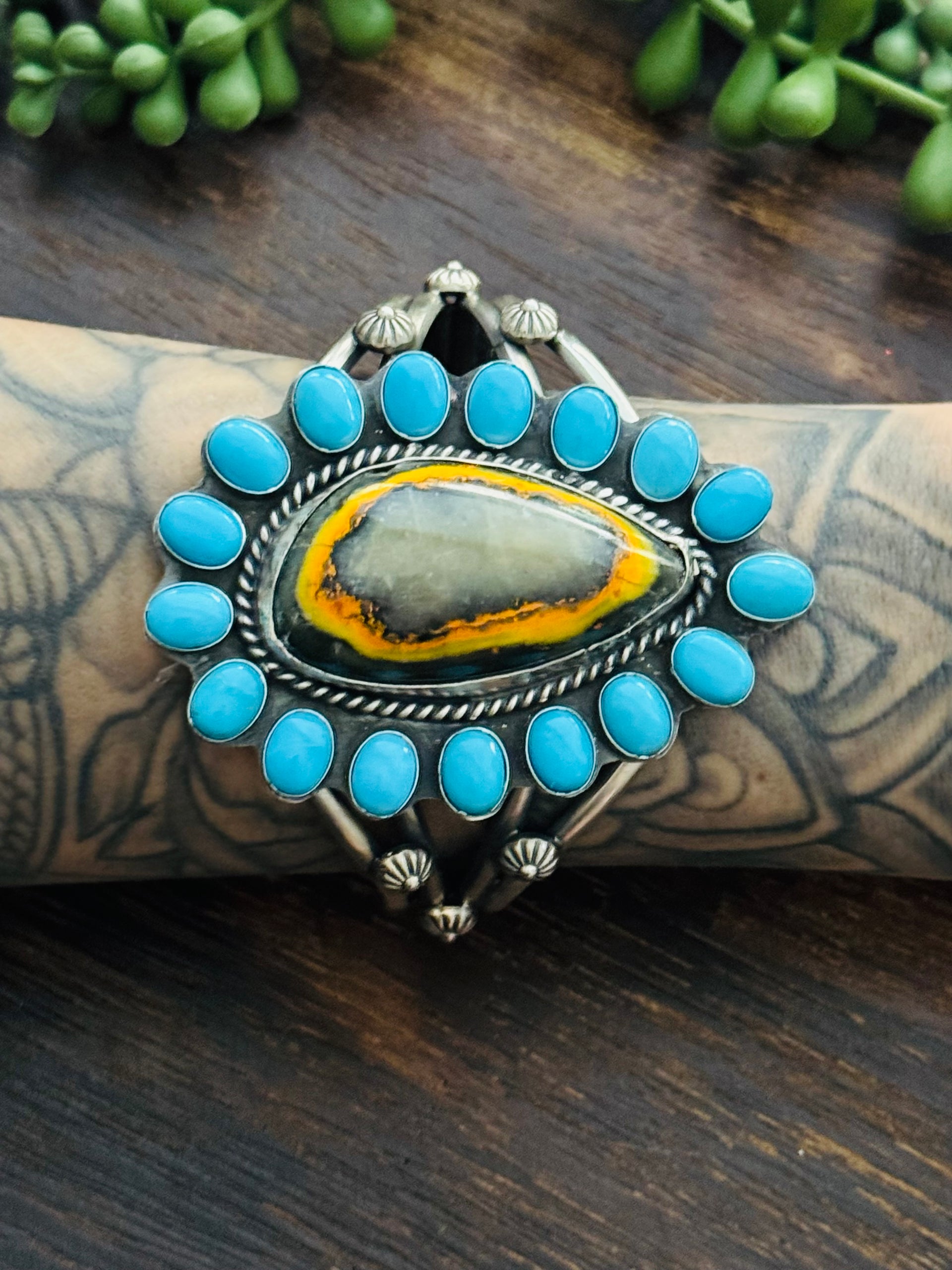 Navajo Made Multi Stone & Sterling Silver Cluster Cuff Bracelet