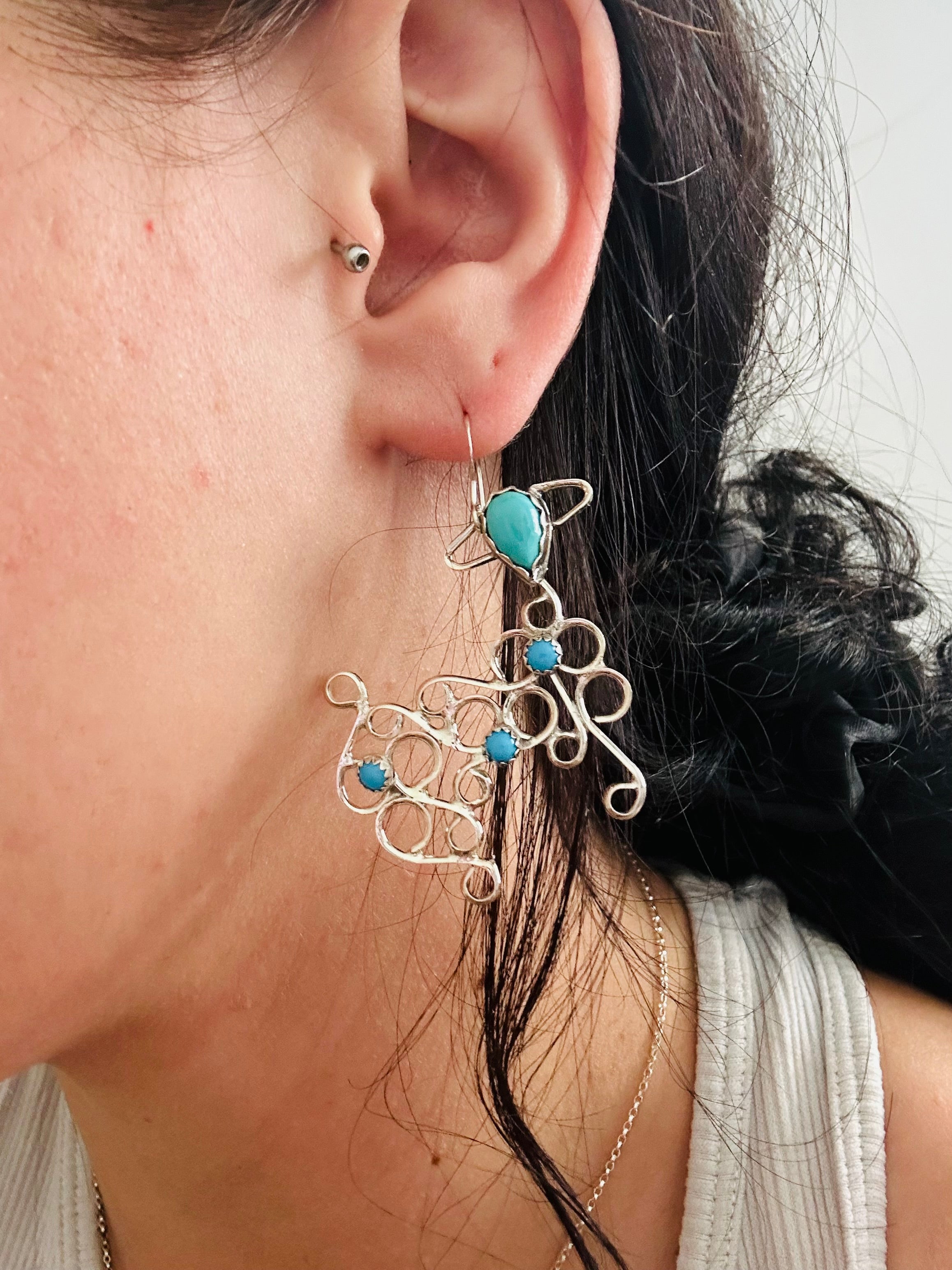 Navajo Made Kingman Turquoise & Sterling Silver Dangle Earrings