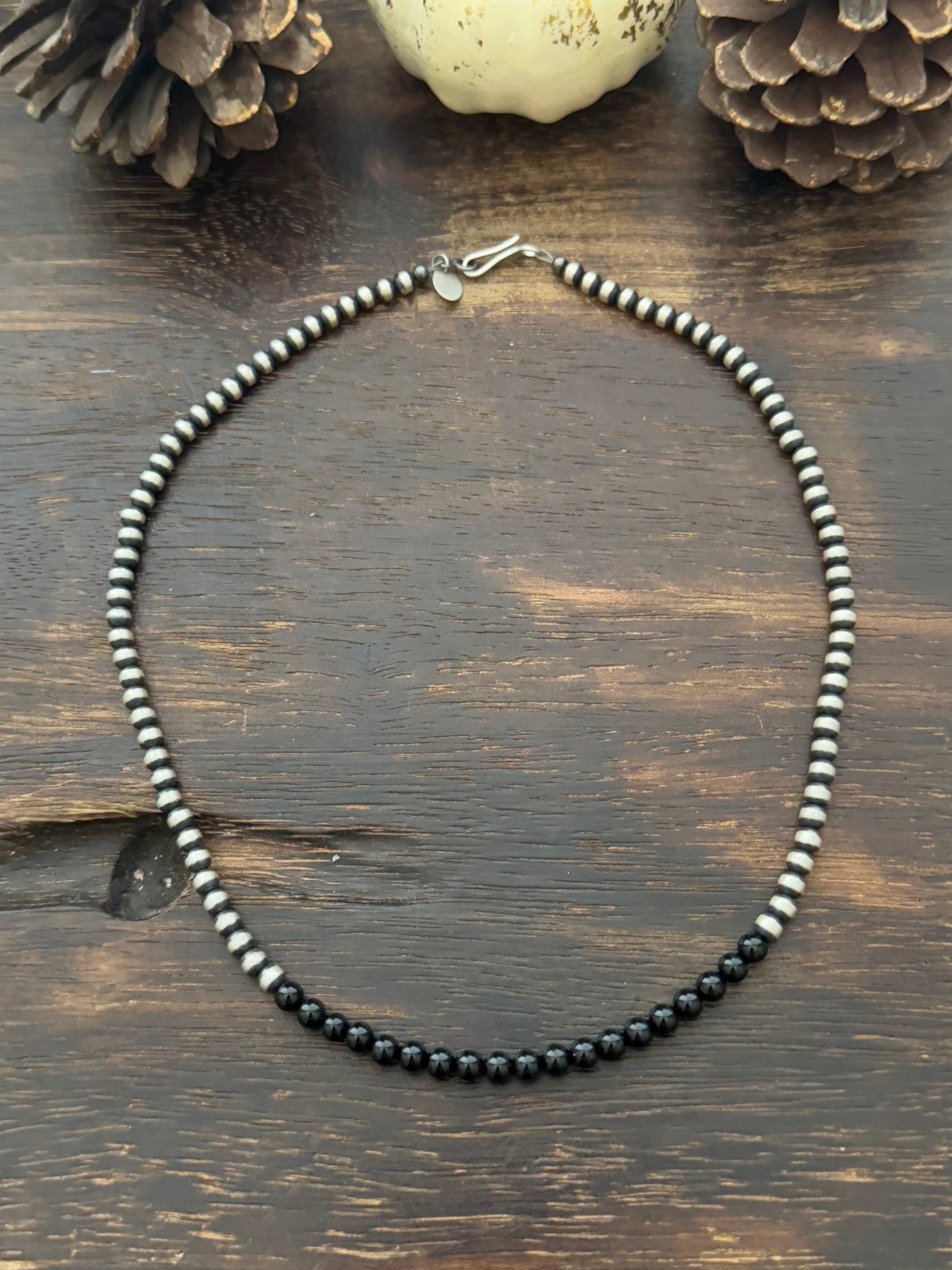 Navajo Strung Onyx & Sterling Silver Pearls Beaded Necklace