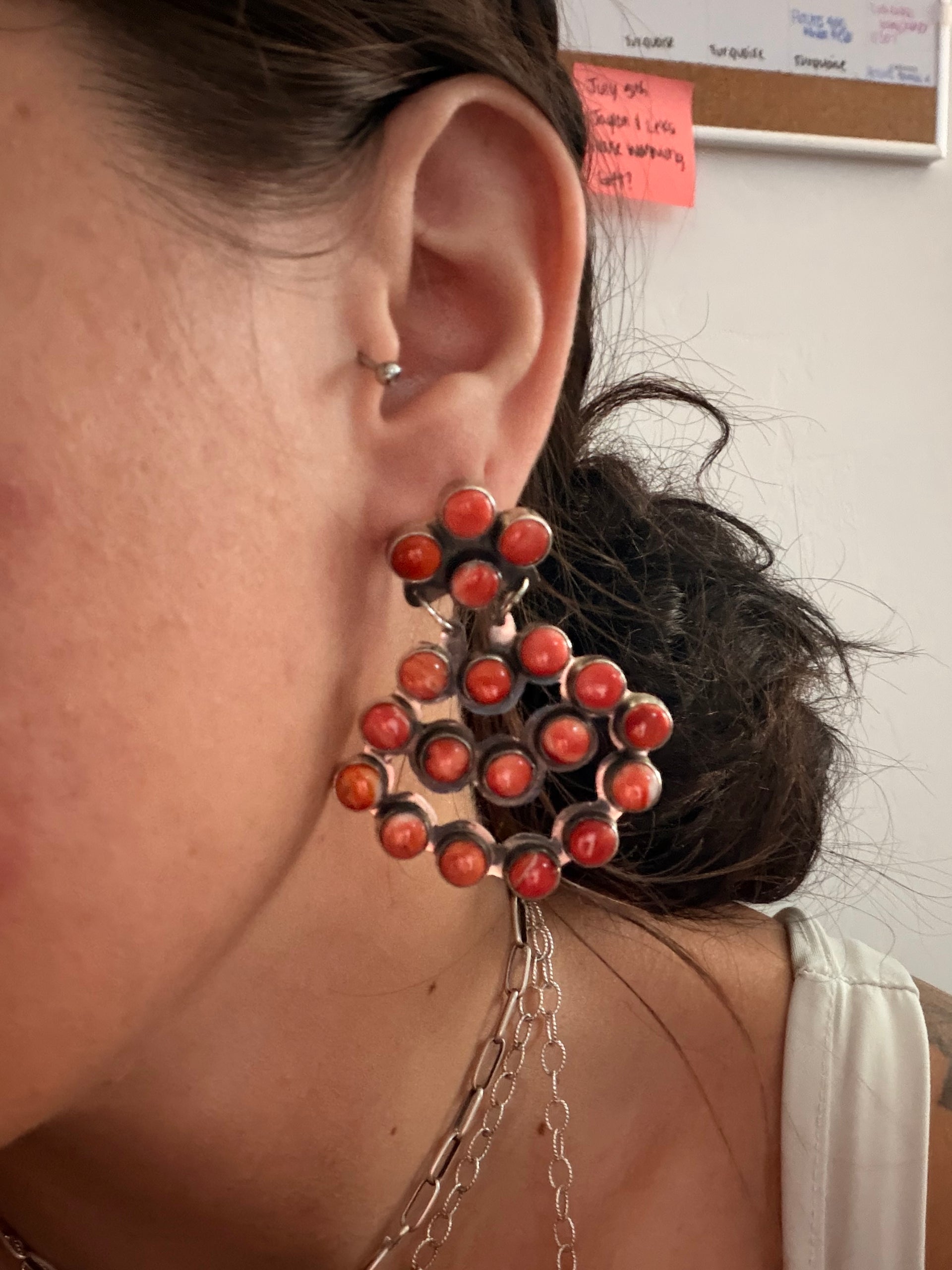 Navajo Made Spiny Oyster & Sterling Silver Post Dangle Cluster Earrings