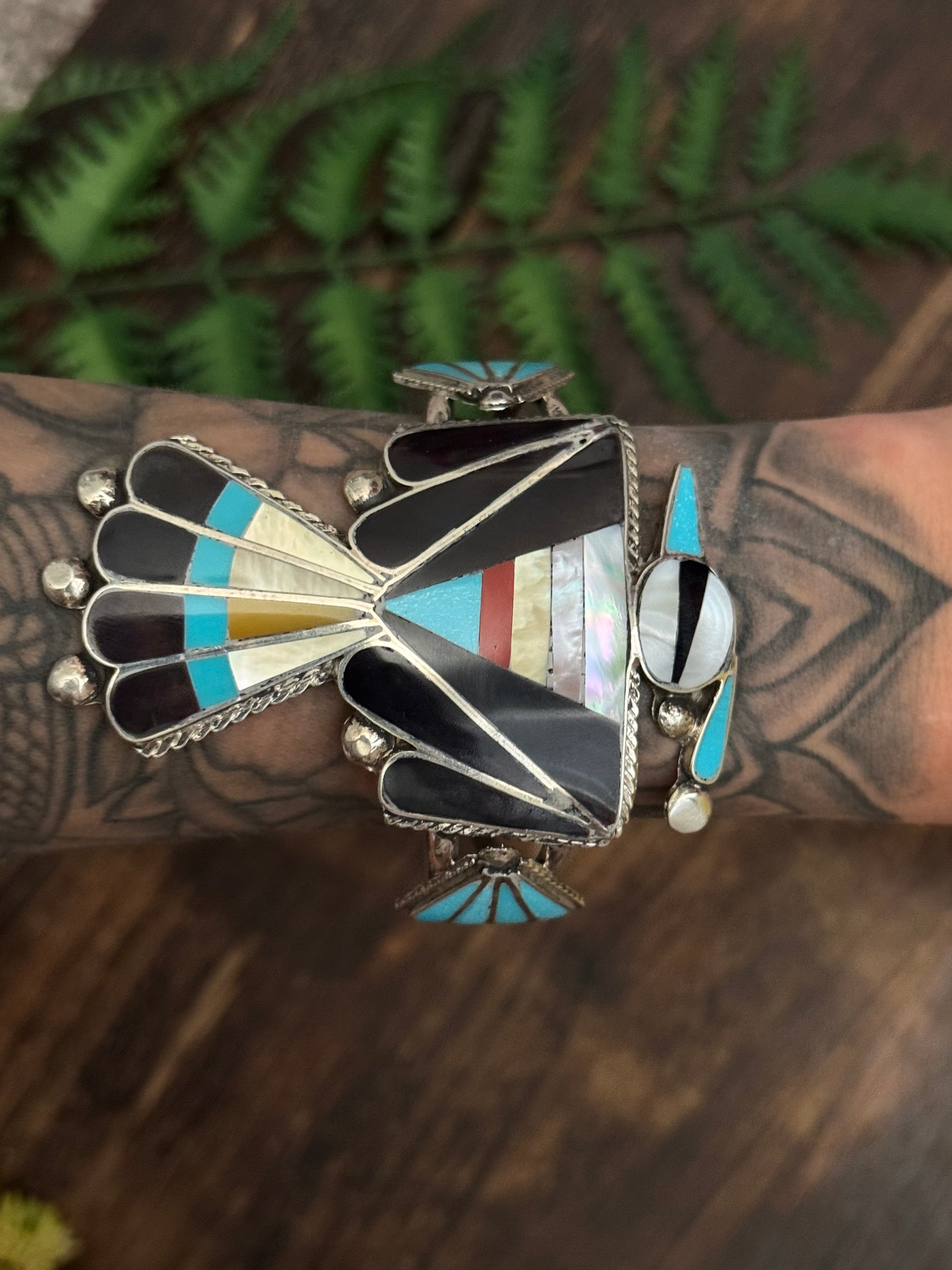 Zuni Made Multi Stone & Sterling Silver Inlay Thunderbird Cuff Bracelet