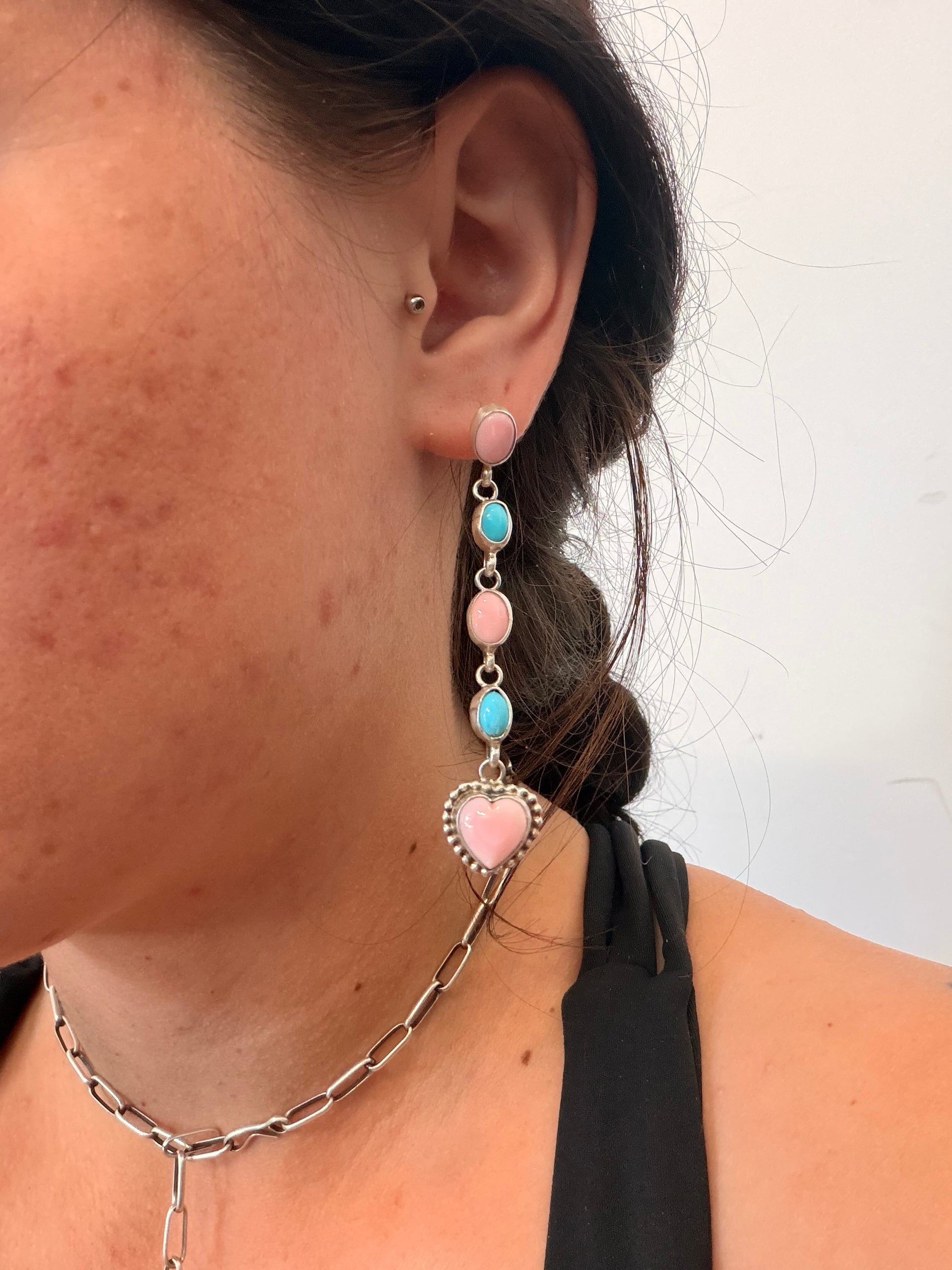 Navajo Made Multi Stone & Sterling Silver Post Dangle Heart Earrings