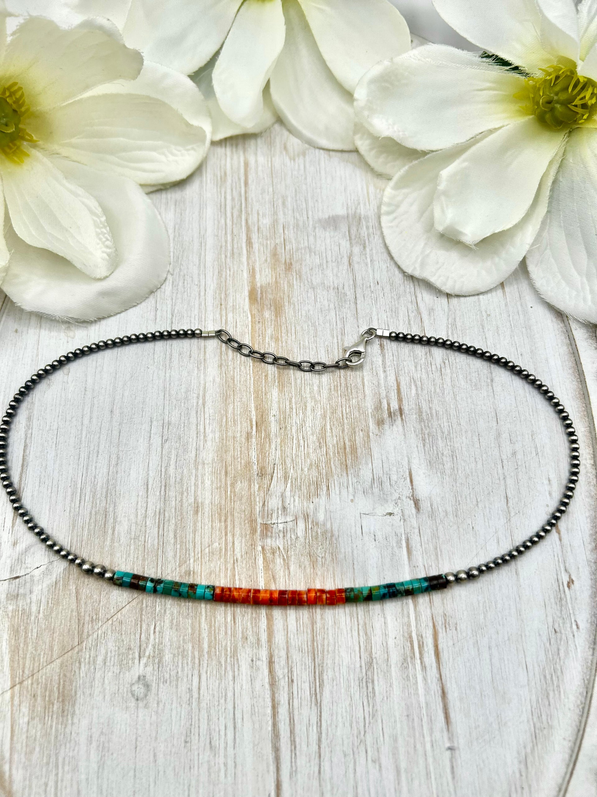 Navajo Made Strung Multi Stone & Sterling Silver Necklace