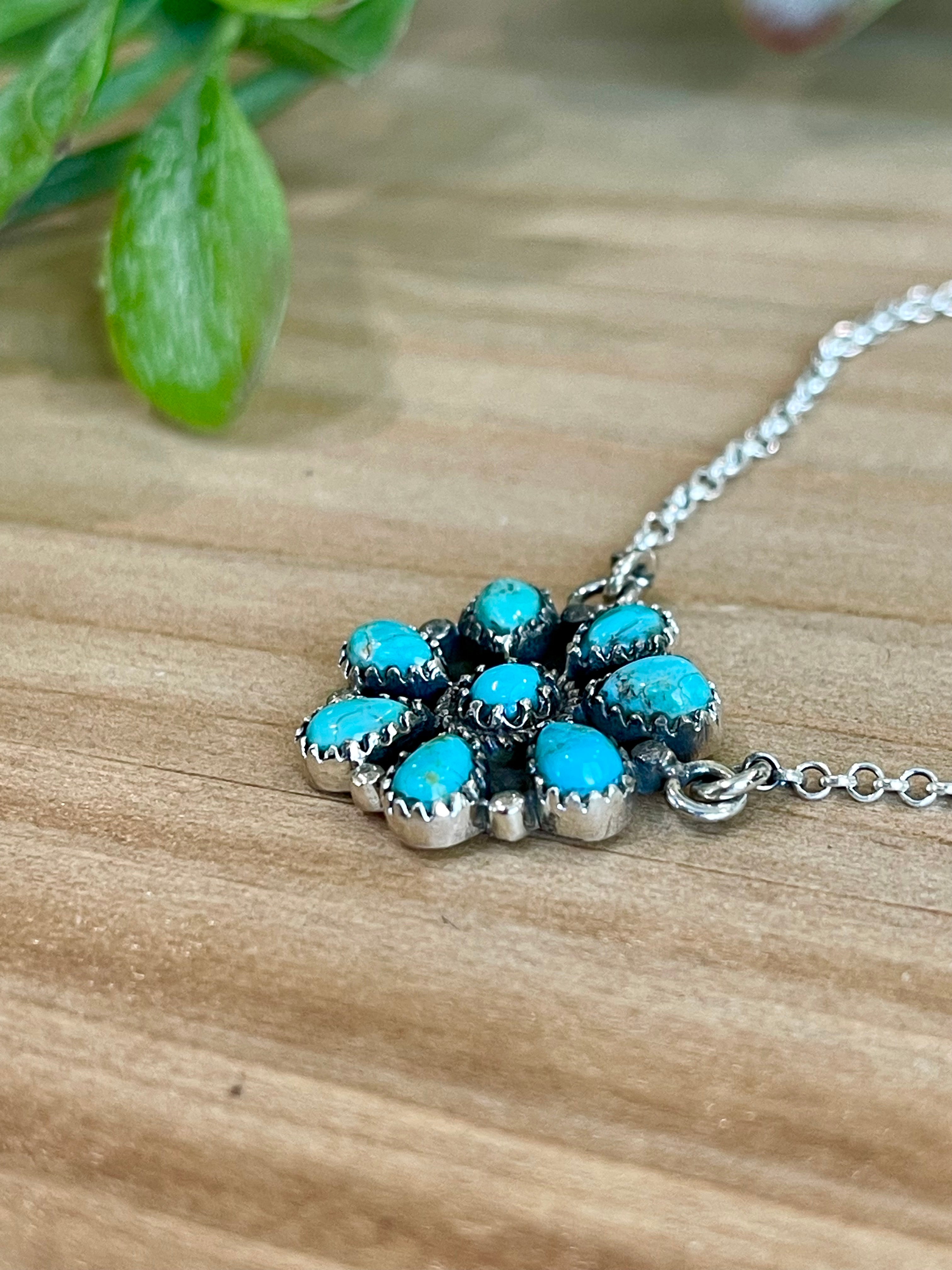 Southwest Handmade Kingman Turquoise & Sterling Silver Cluster Flower Necklace