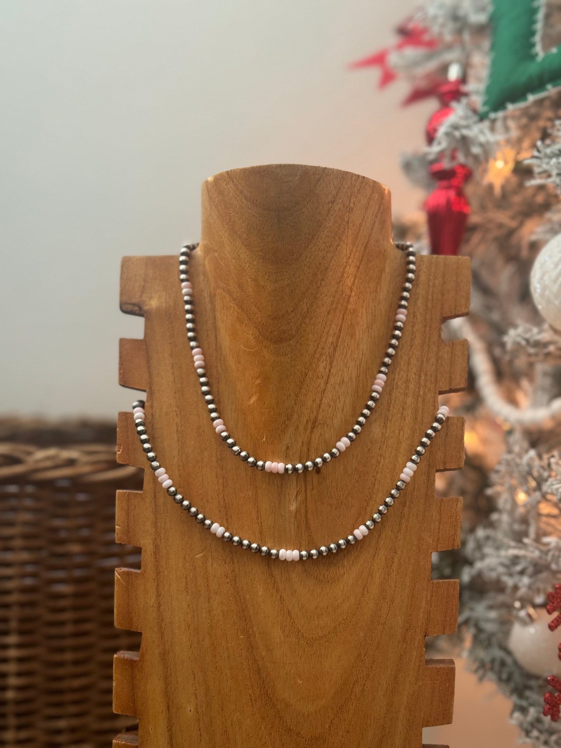 Navajo Strung Pink Conch & Sterling Silver Pearl Necklace