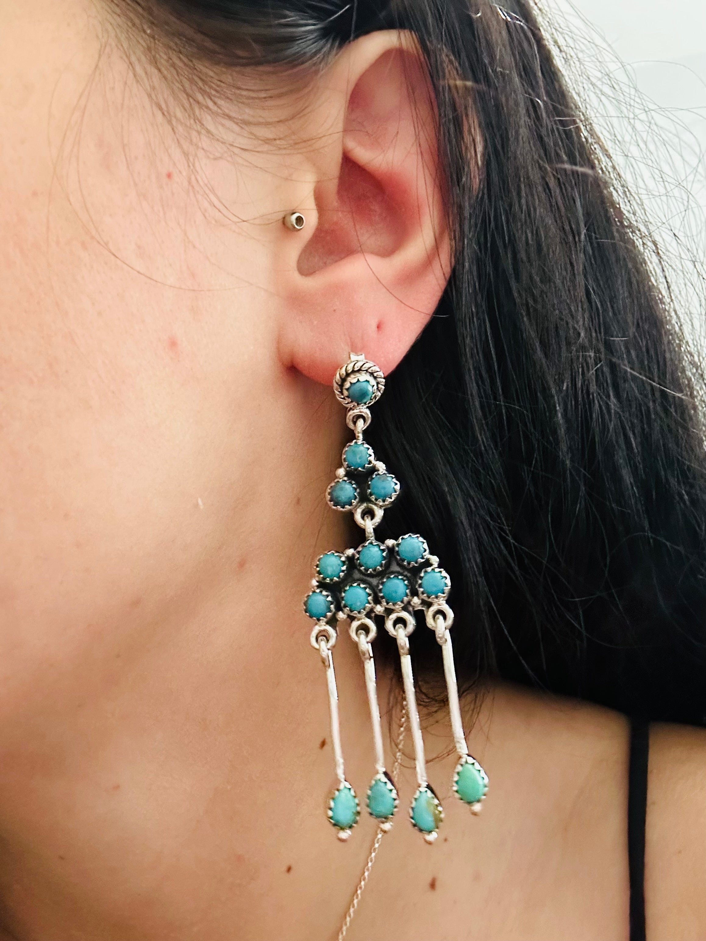 Southwest Handmade Kingman Turquoise & Sterling Silver Post Dangle Earrings