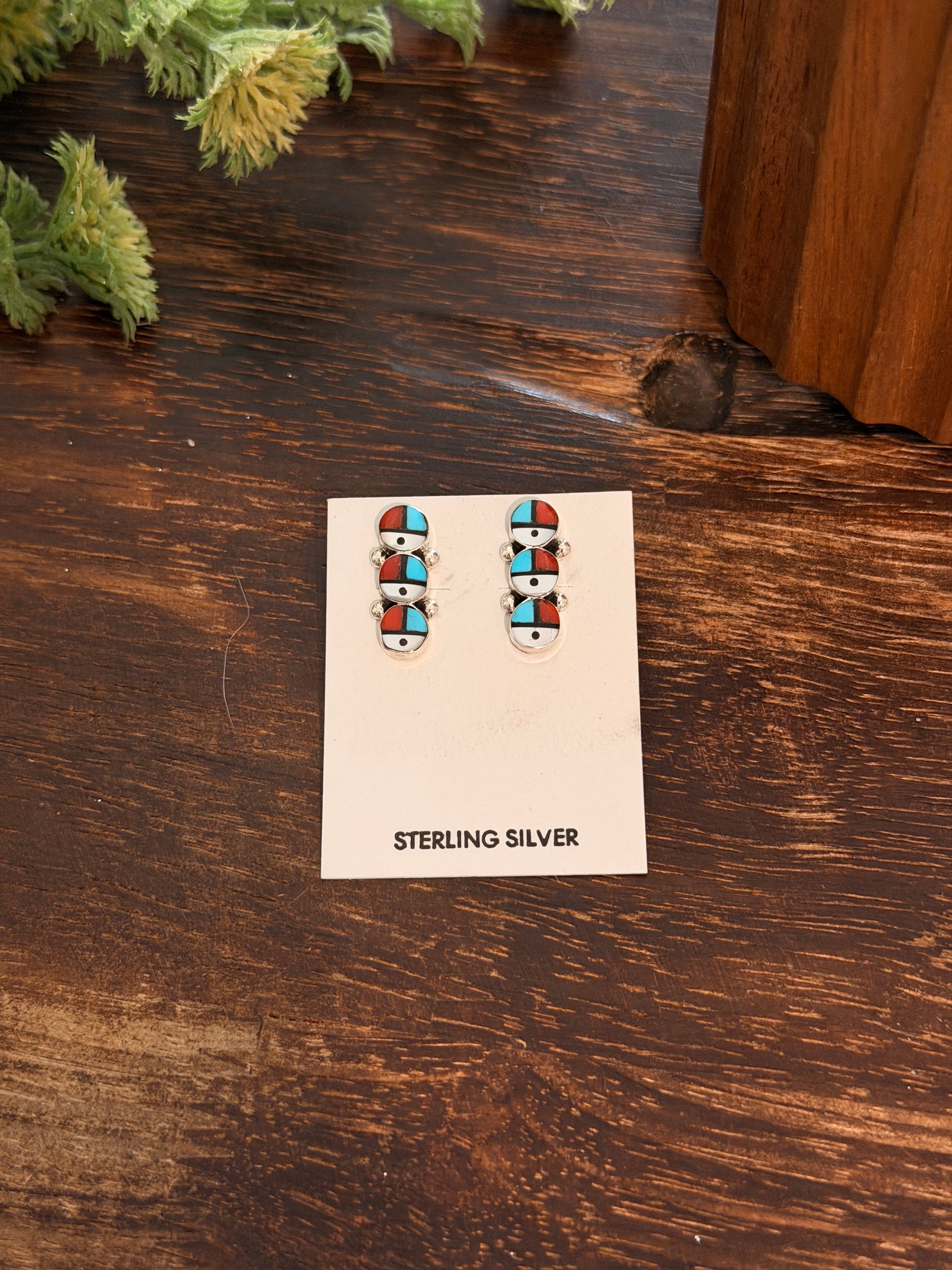 Zuni Made Multi Stone & Sterling Silver Inlay Sunface Post Dangle Earrings