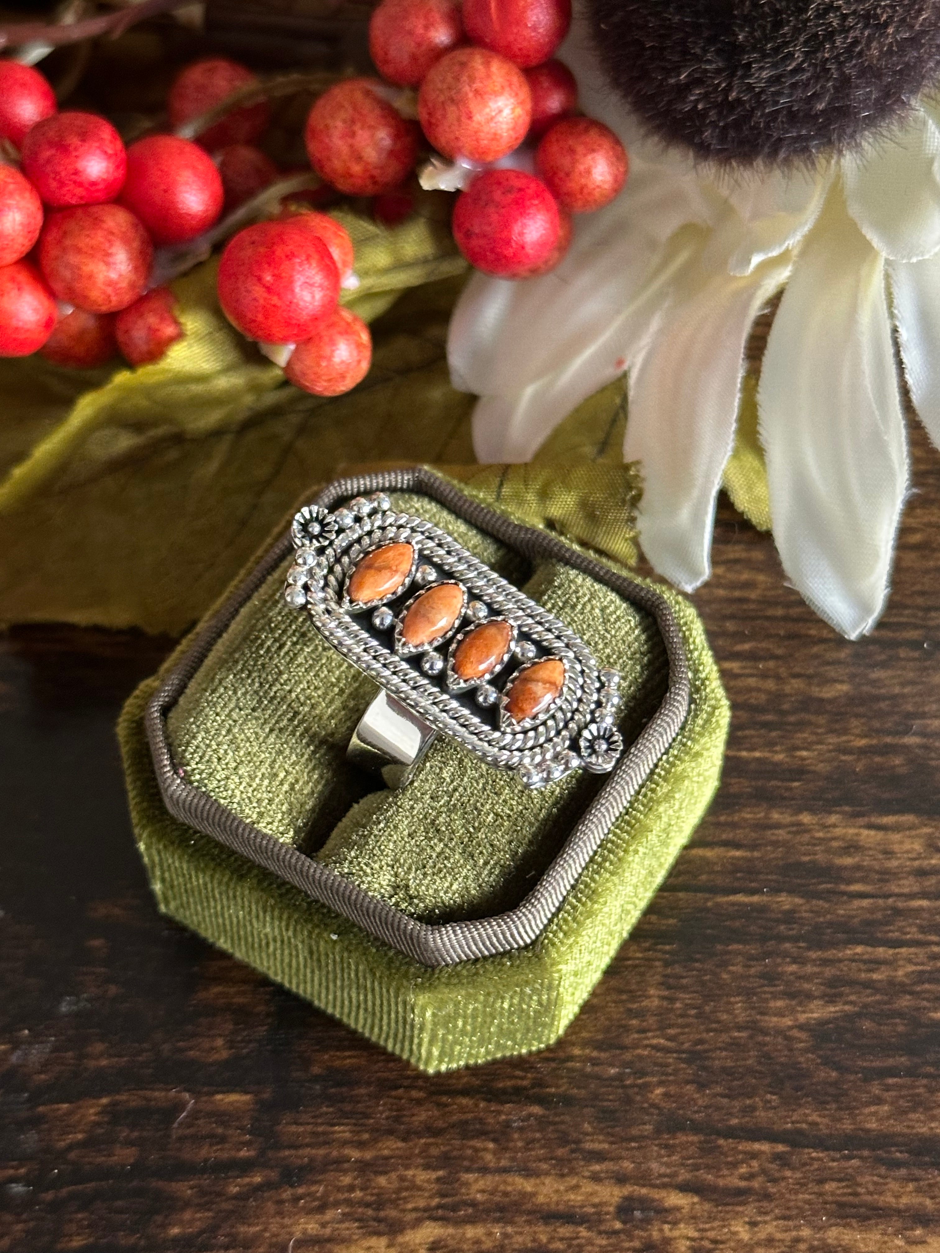 Southwest Handmade Apple Coral & Sterling Silver Adjustable Ring