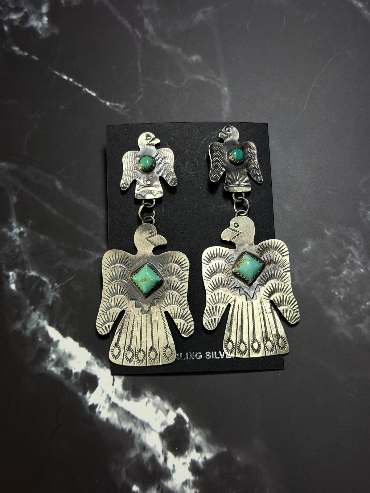 Gabriella Yazzie Kingman Turquoise & Sterling Silver Thunderbird Post Dangle Earrings