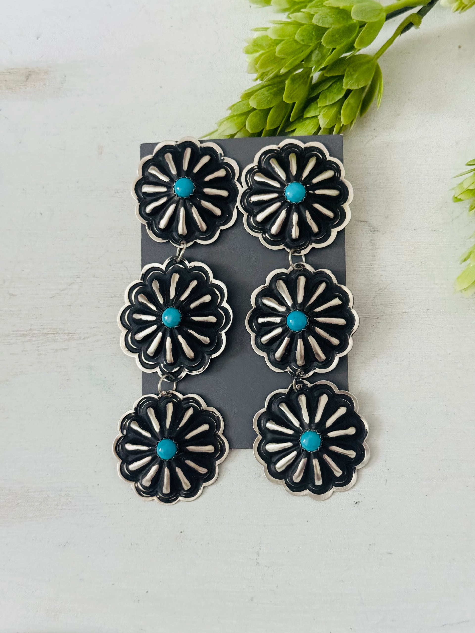 Navajo Made Kingman Turquoise & Sterling Silver Concho Post Dangle Earrings