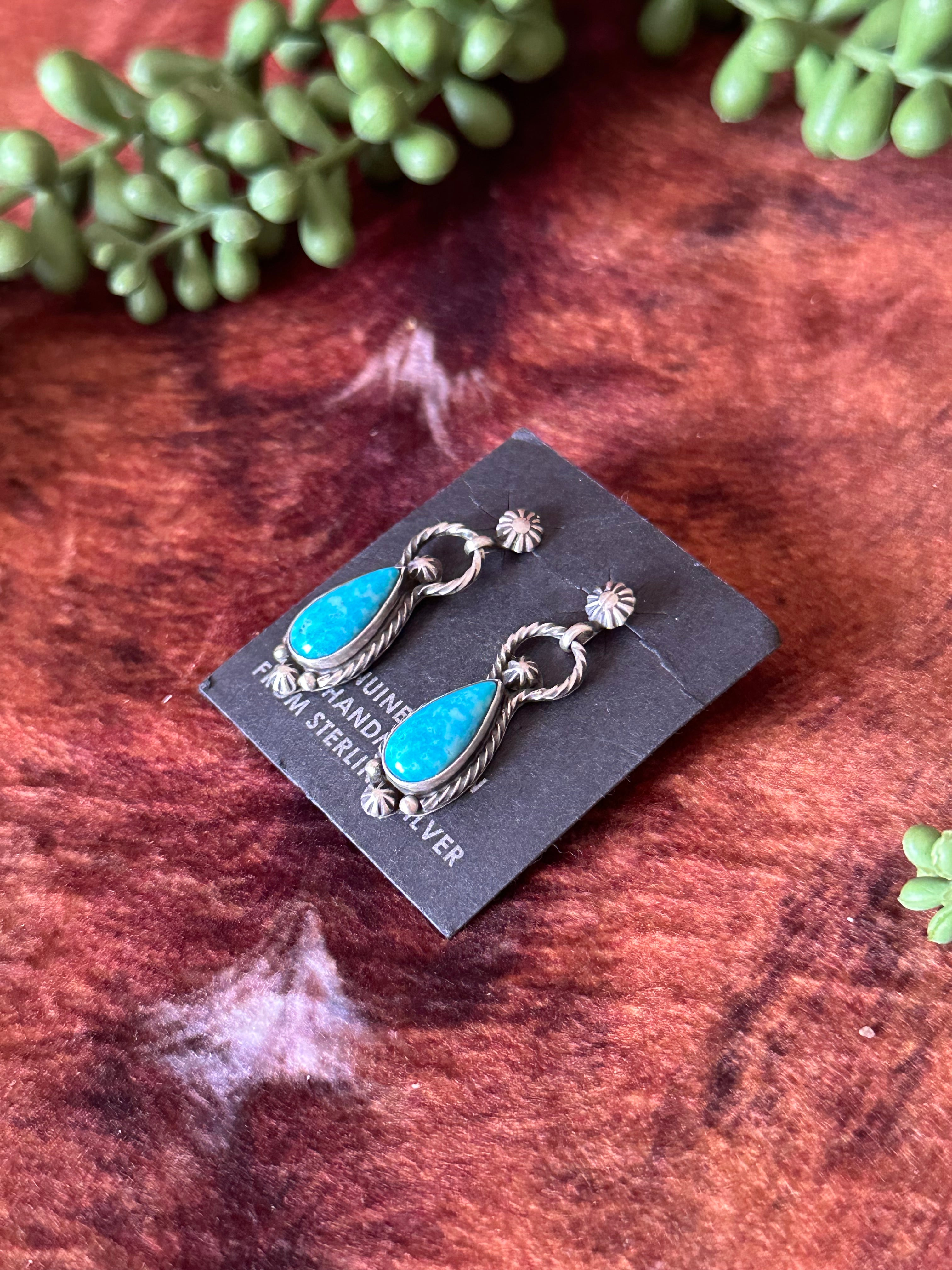 Navajo Handmade Kingman Turquoise & Sterling Silver Post Dangle Earrings