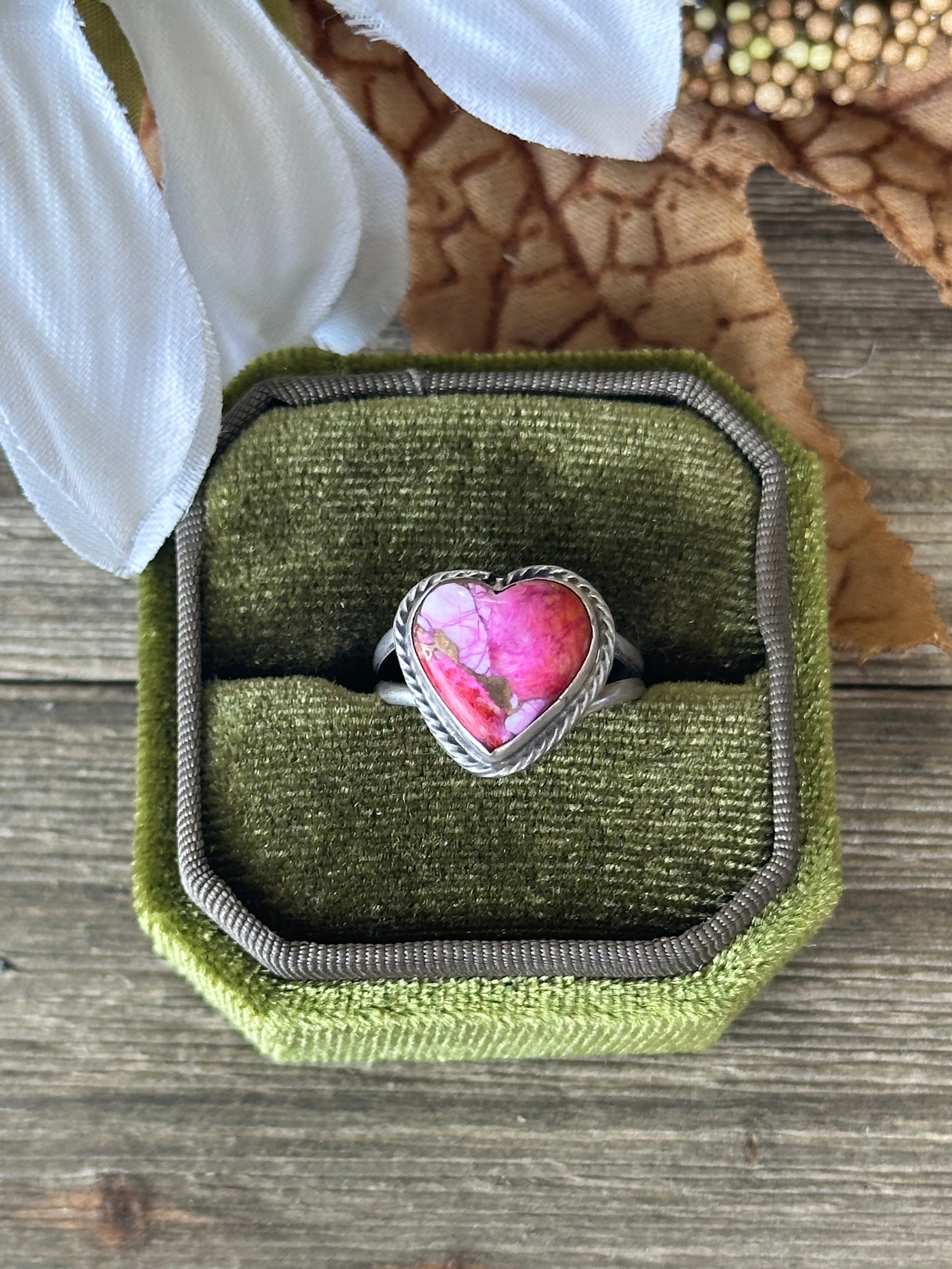 Navajo Made Pink Mohave Turquoise & Sterling Silver Heart Ring