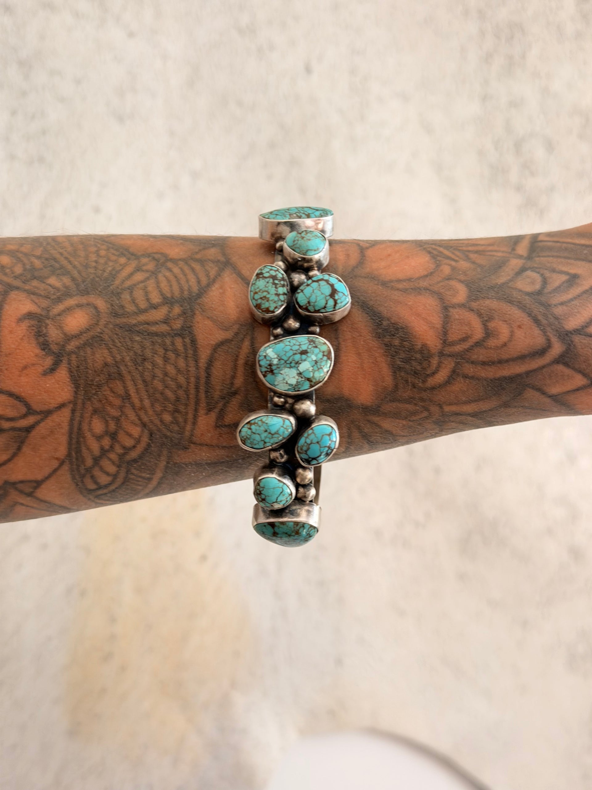 Bobby Johnson Mine 8 Turquoise & Sterling Silver Cluster Cuff Bracelet