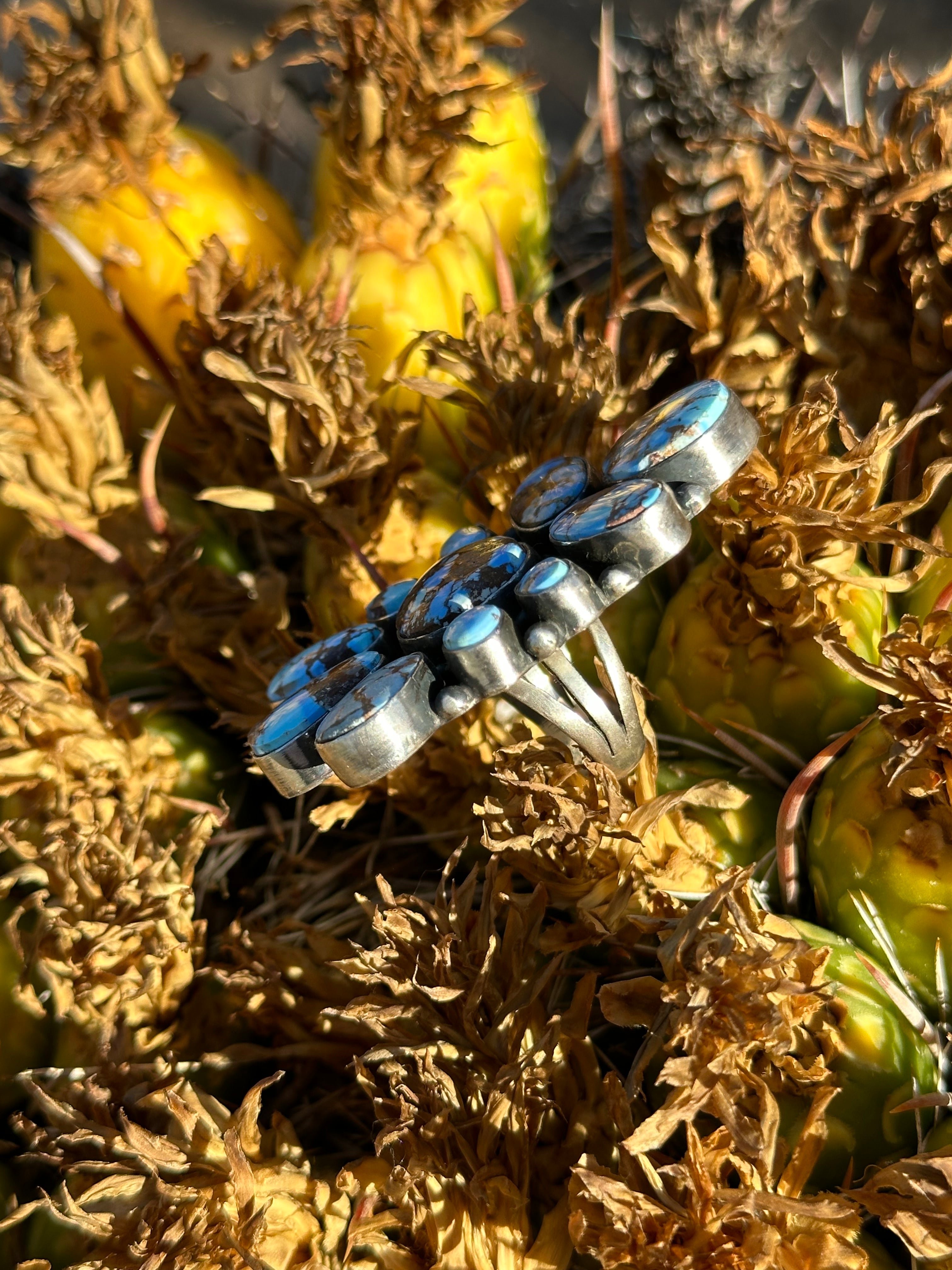 Navajo Made Golden Hills Turquoise & Sterling Silver Cluster Ring Size 7