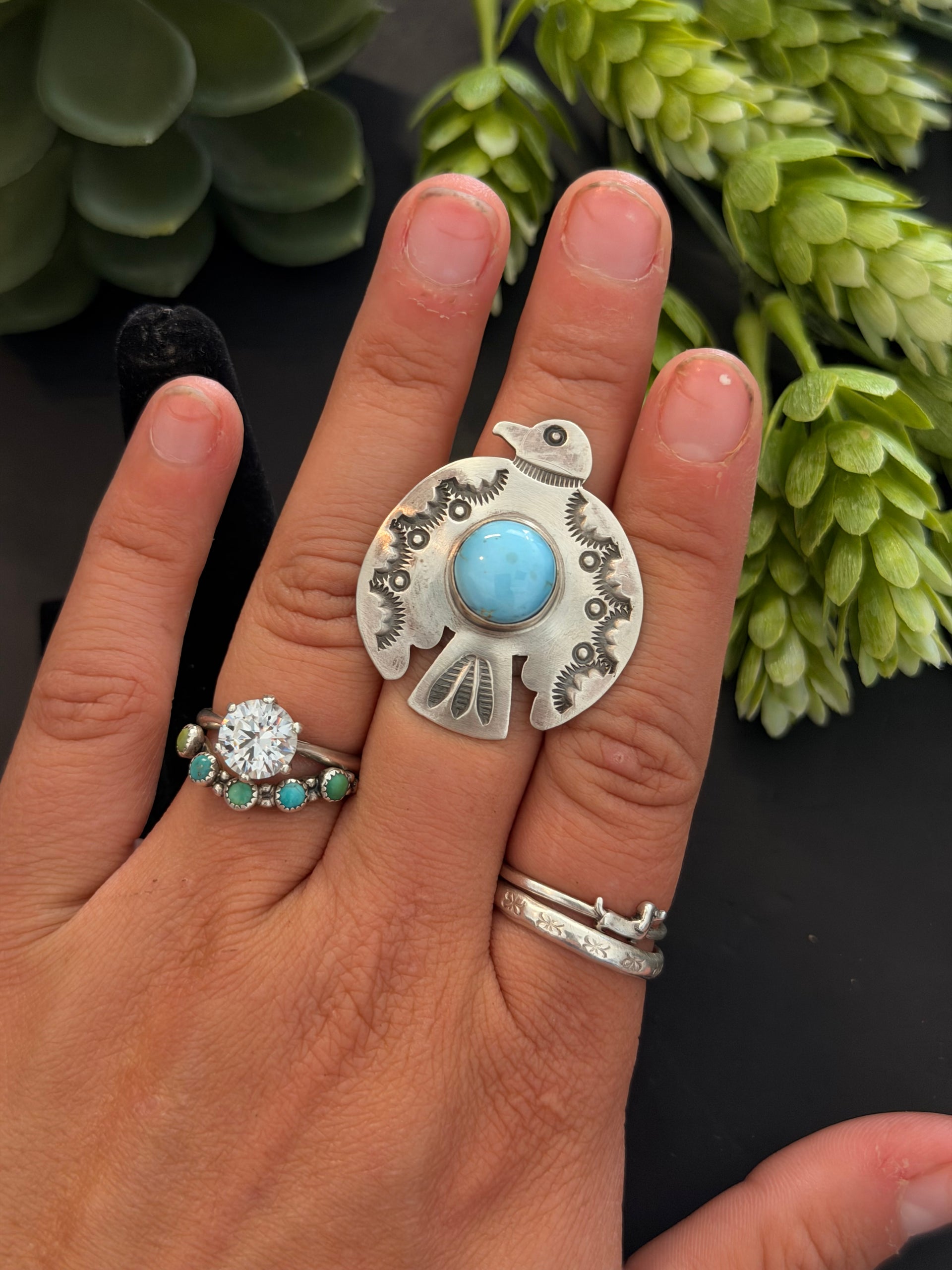 Randy Boyd Golden Hills Turquoise & Sterling Silver Thunderbird Ring Size 6