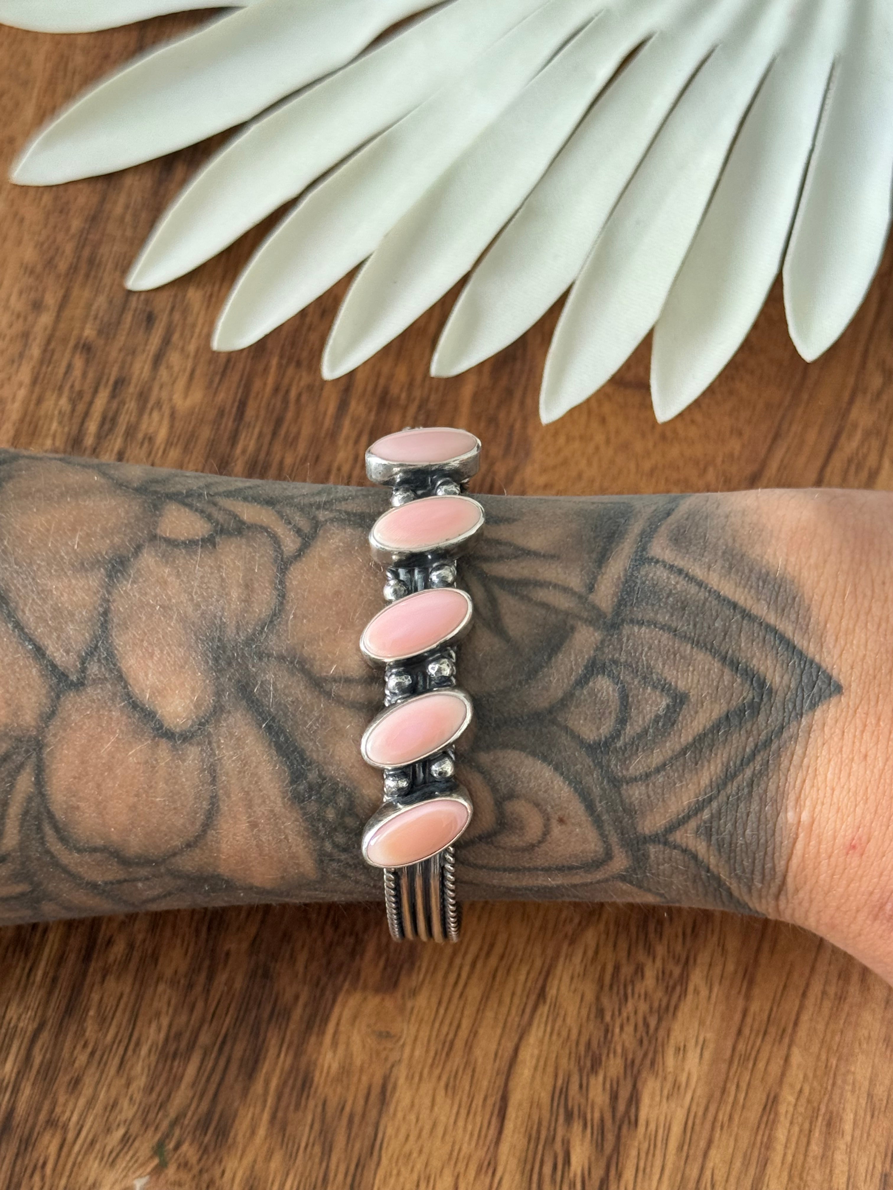 Navajo Made Pink Conch & Sterling Silver Cuff Bracelet