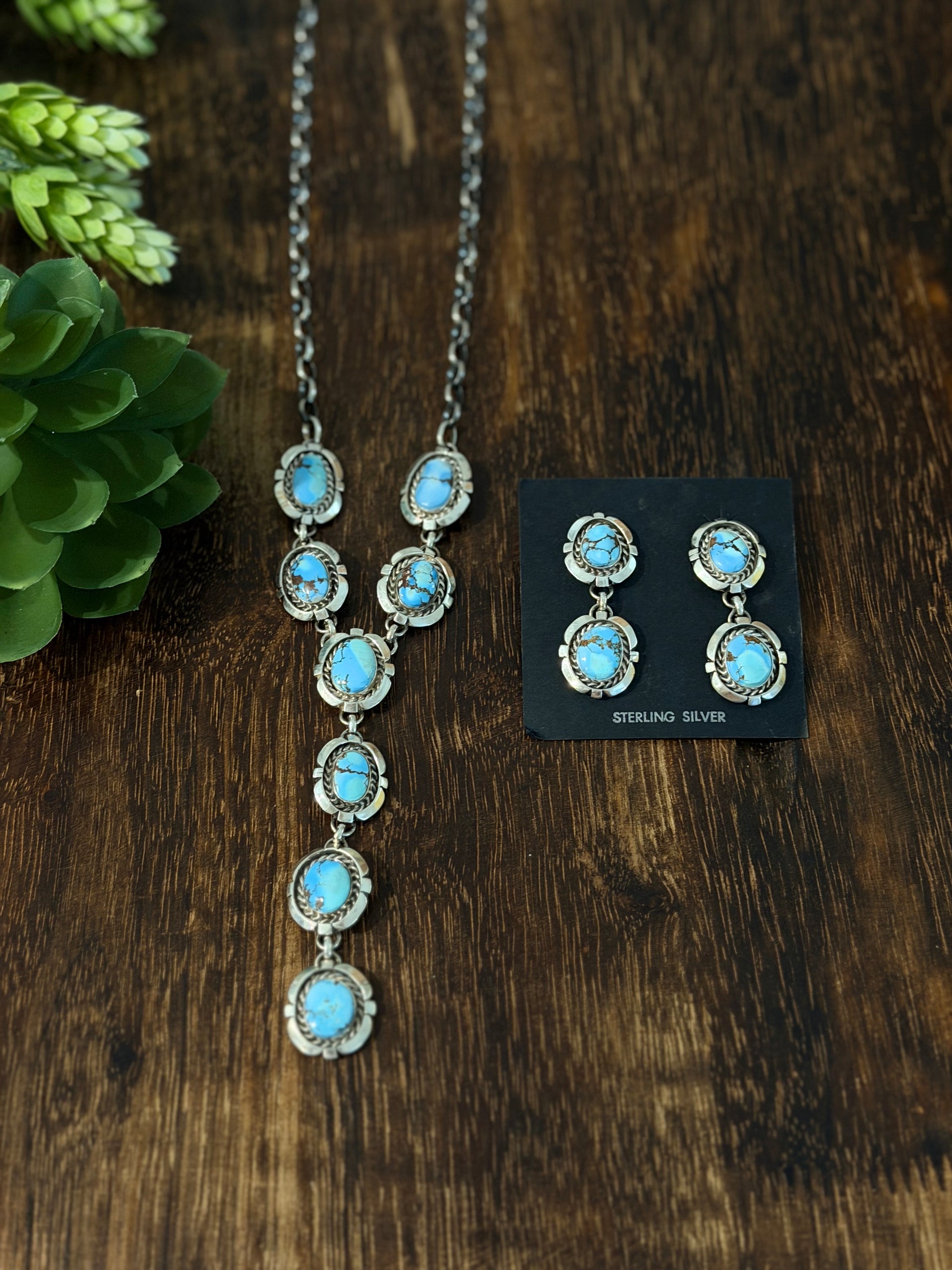 Larry Kaye Golden Hills Turquoise & Sterling Silver Lariat Necklace Set