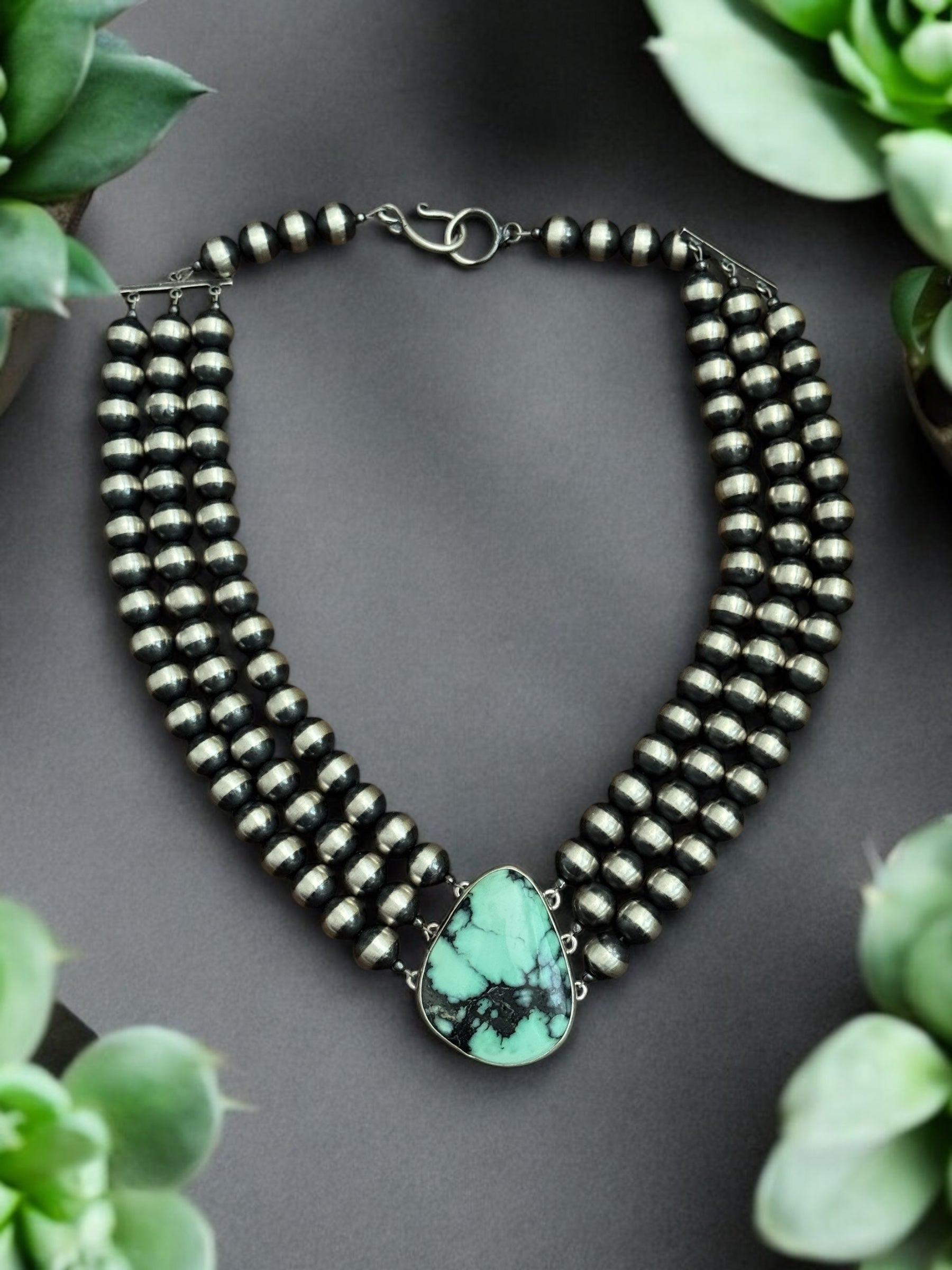 Larry Kaye New Lander Variscite & Sterling Silver 3 Strand Necklace