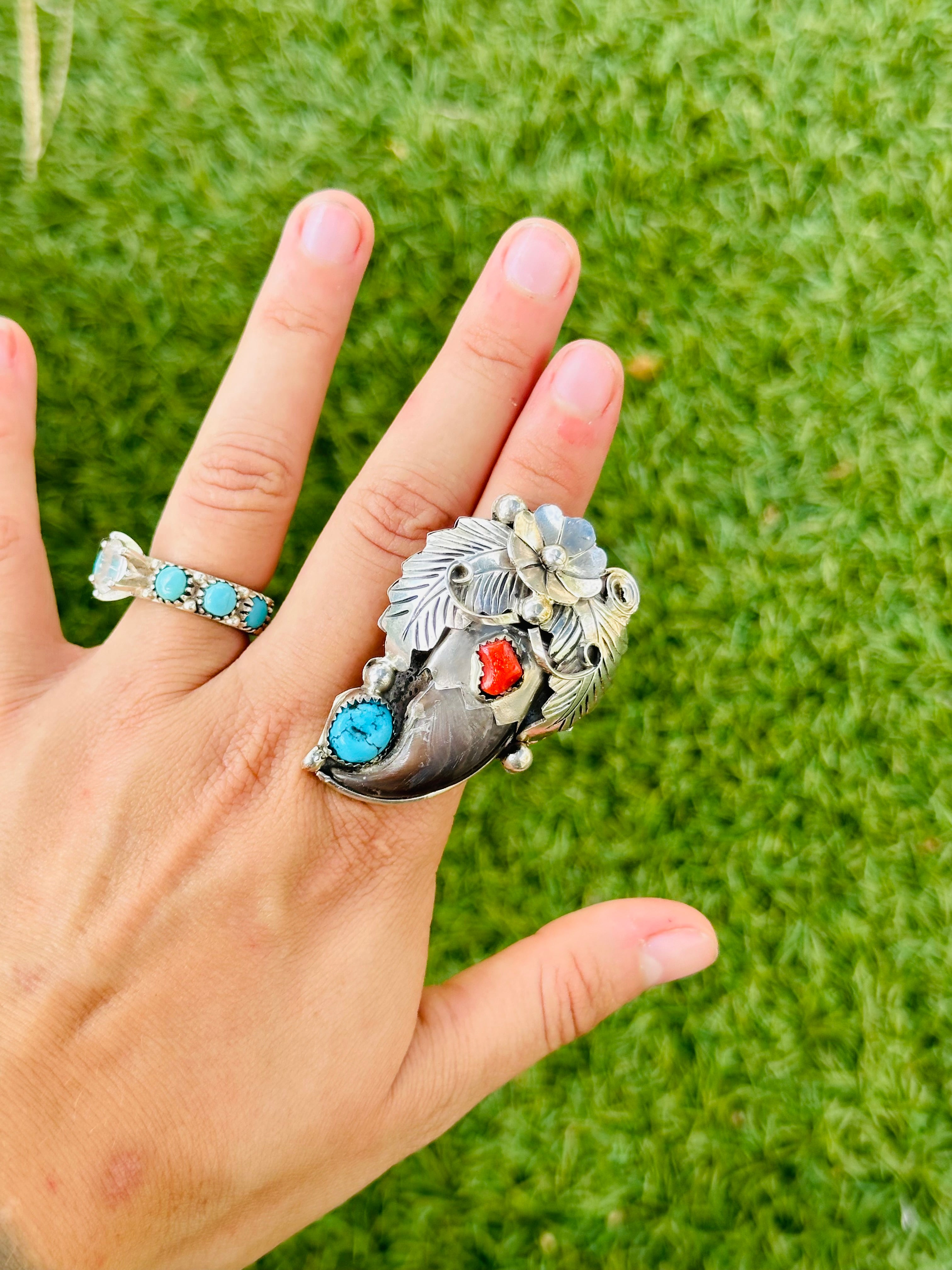 Navajo Made Multi Stone & Sterling Silver Ring Size 8.75