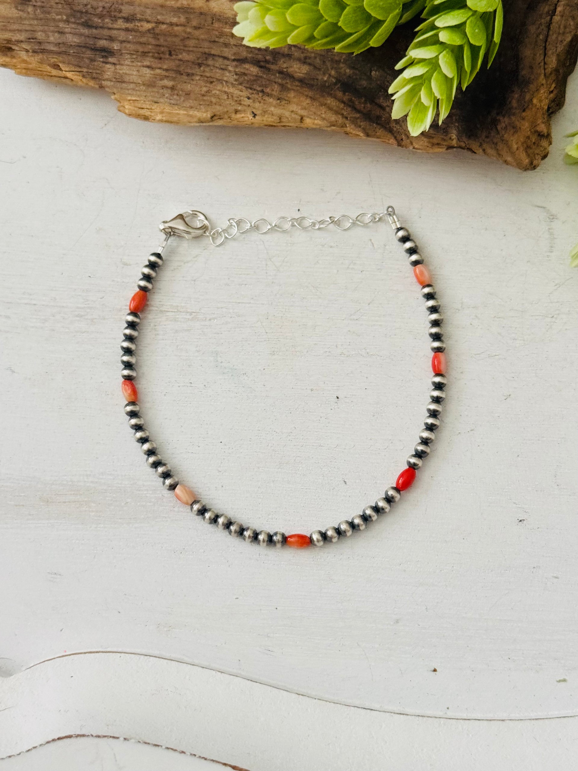 Navajo Made Spiny Oyster & Sterling Silver Strung Anklet