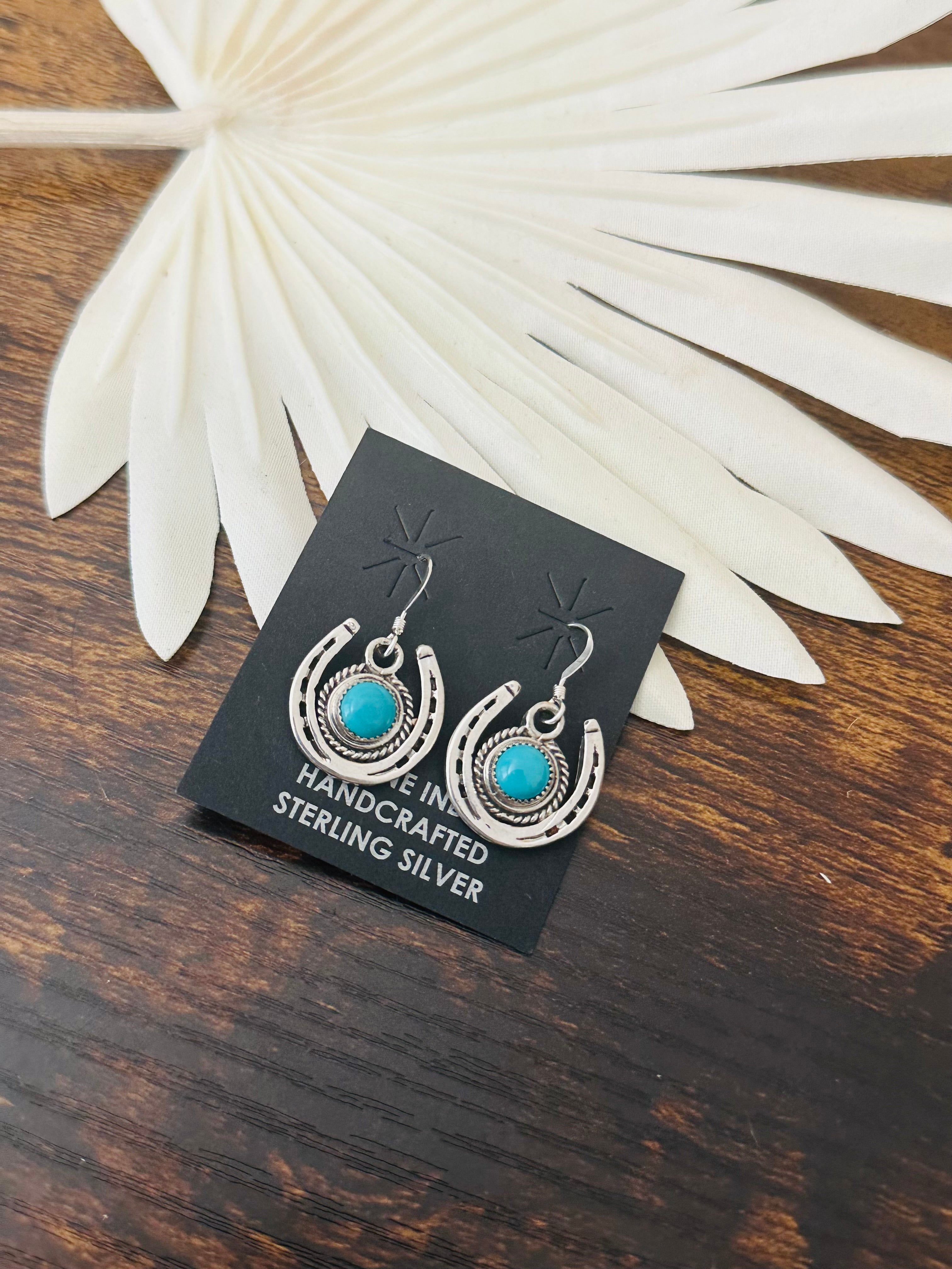 Navajo Made Kingman Turquoise & Sterling Silver Horse Shoe Dangle Earrings