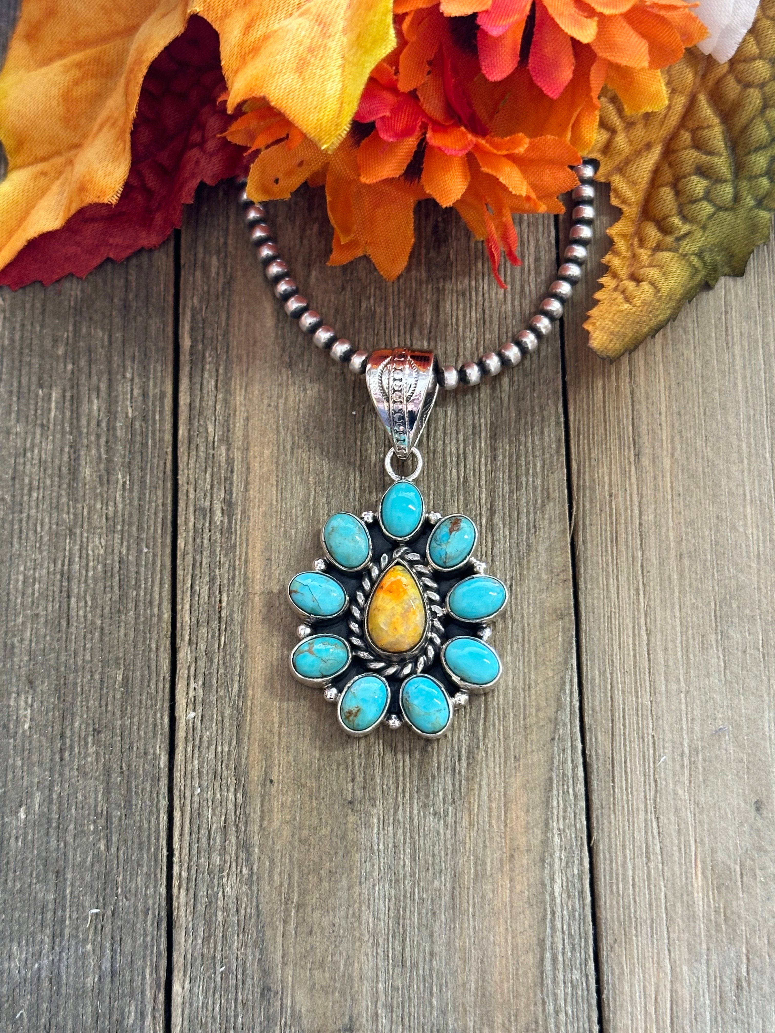 Southwest Handmade Multi Stone & Sterling Silver Cluster Pendant