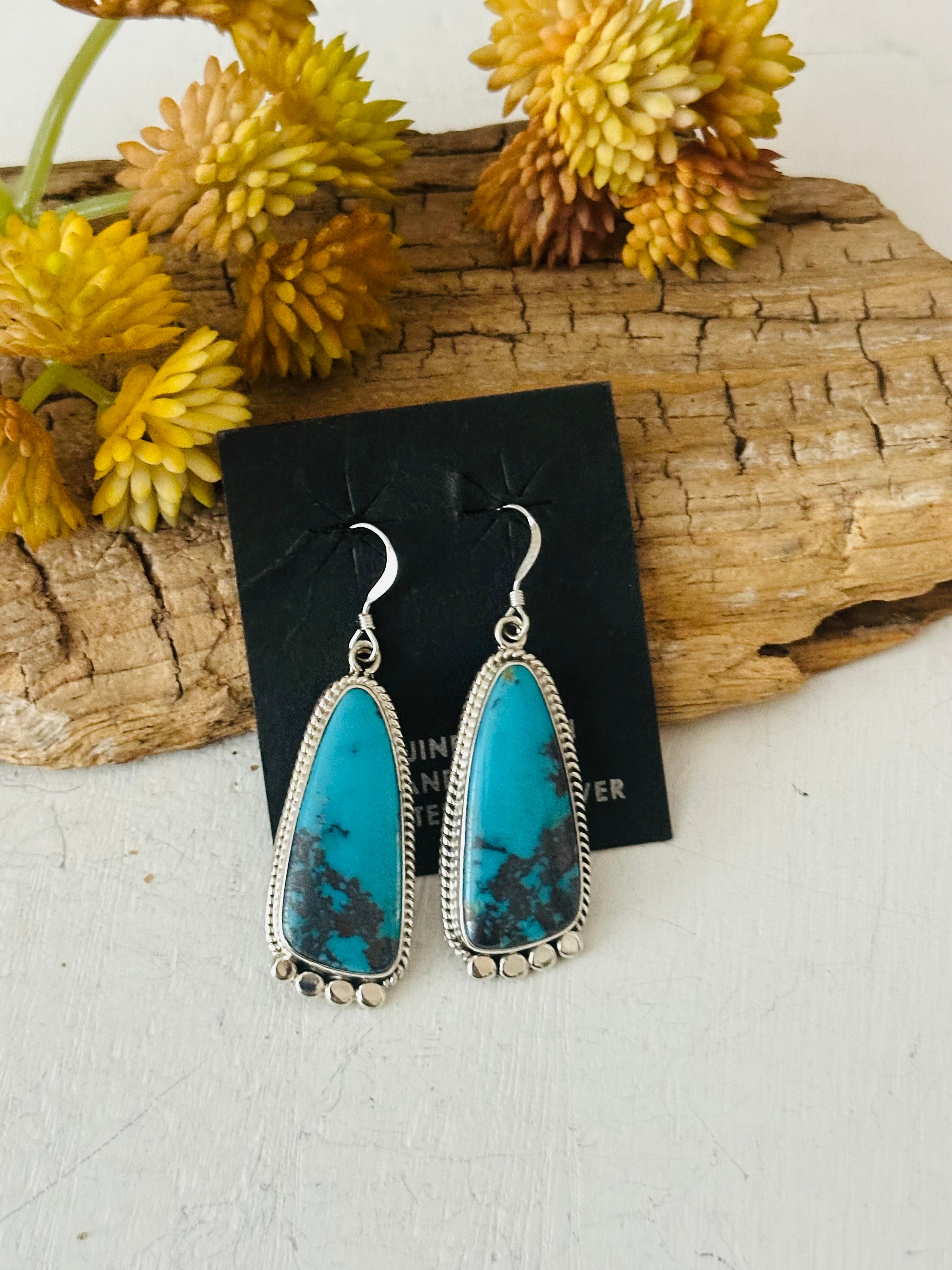 Navajo Made Kingman Turquoise & Sterling Silver Dangle Earrings