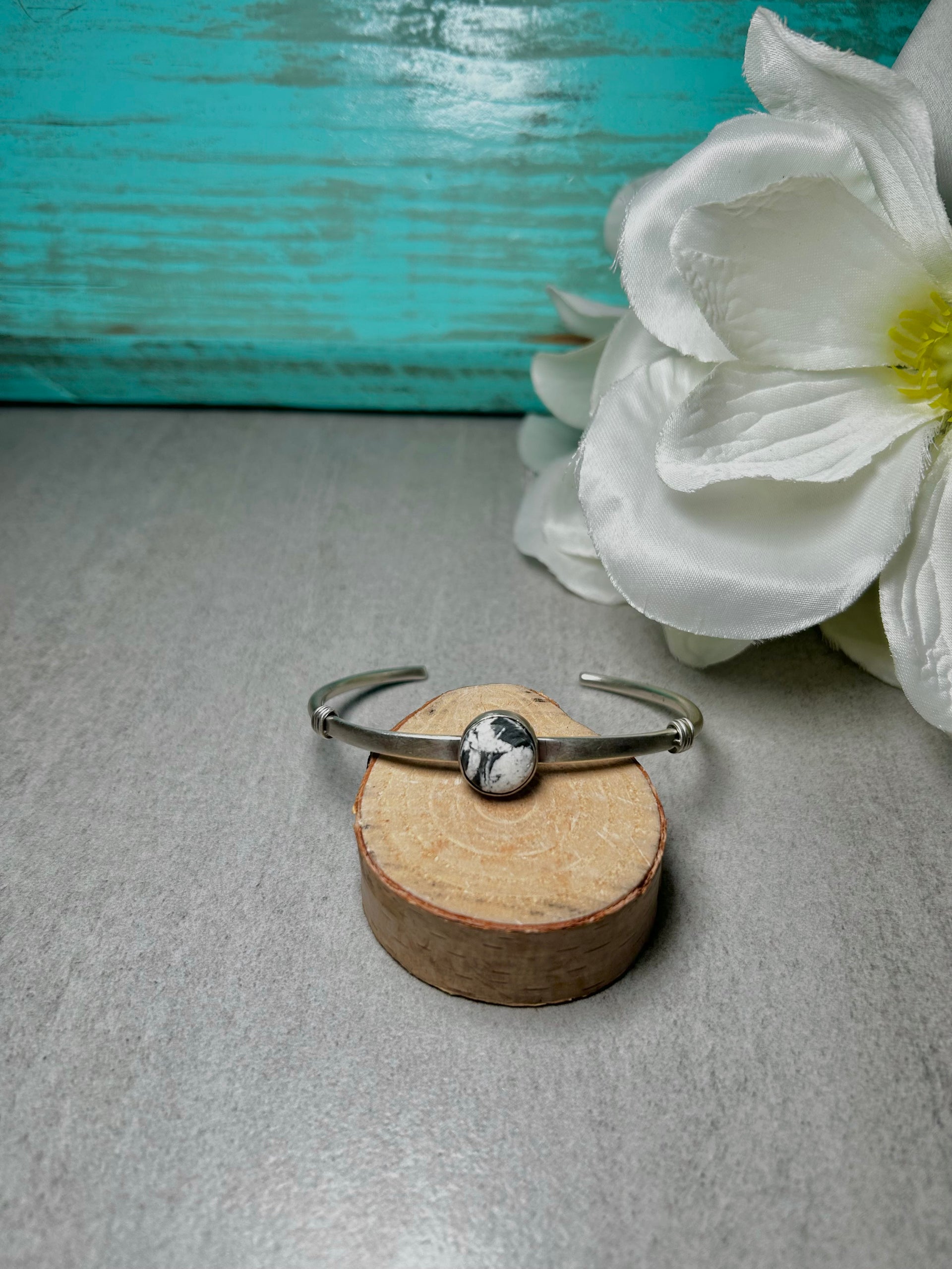 Navajo Made White Buffalo & Sterling Silver Cuff Bracelet