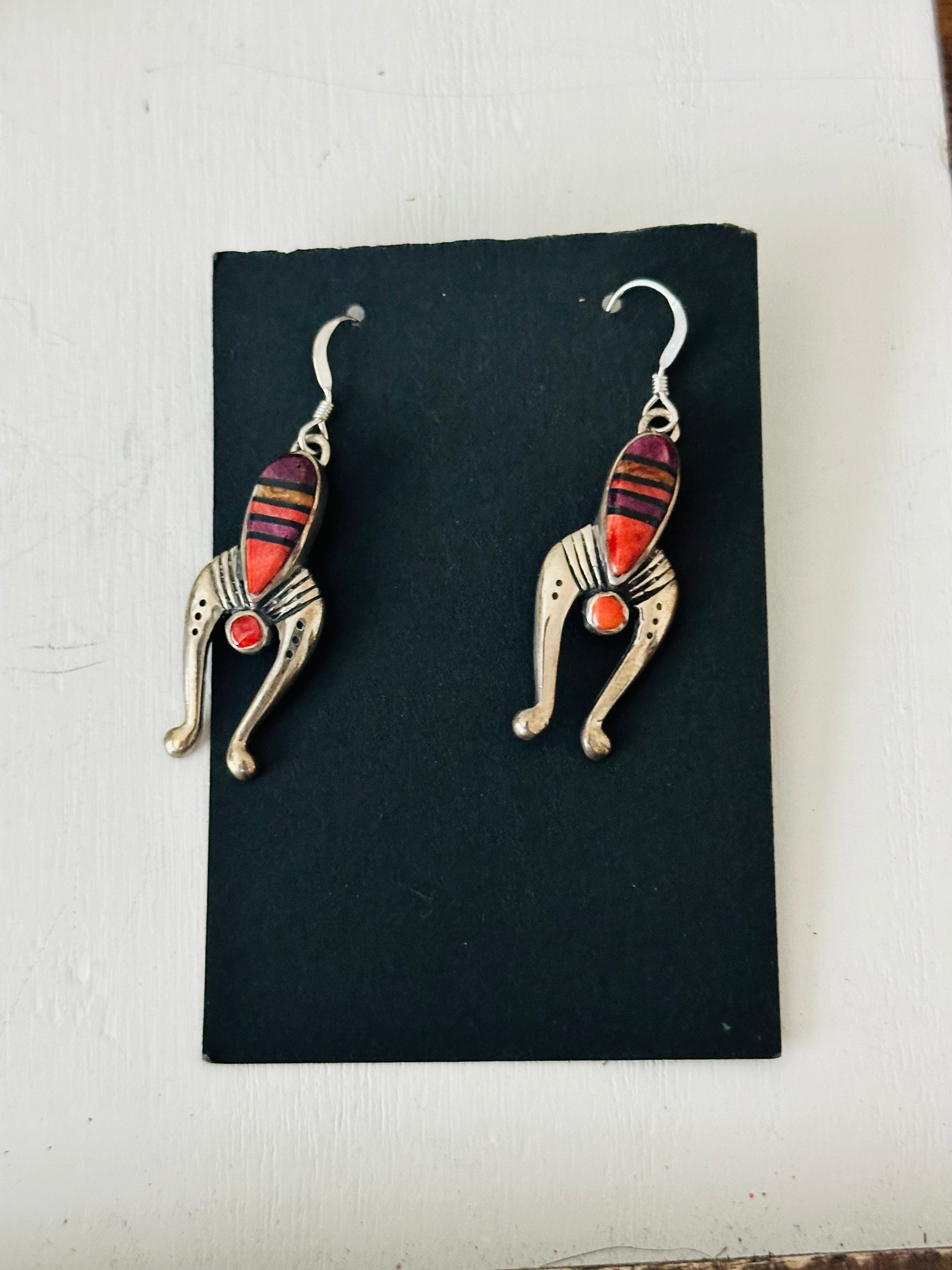 Navajo Made Multi Stone & Sterling Silver Inlay Dangle Earrings