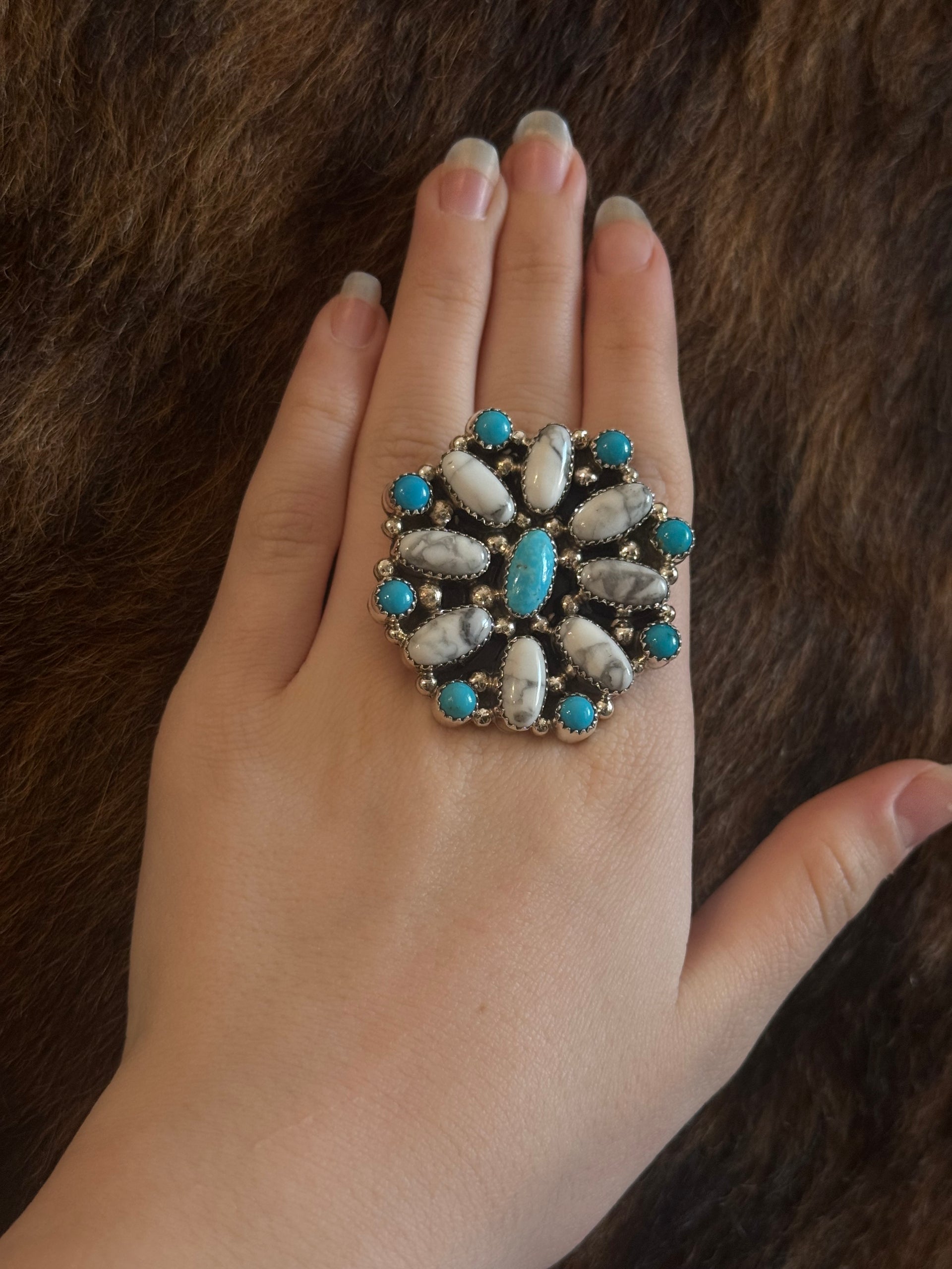 Navajo Made Multi Stone & Sterling Silver Adjustable Cluster Ring