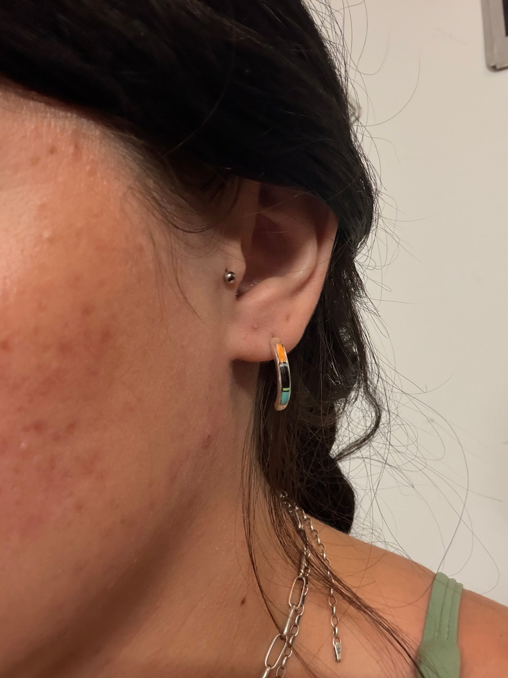 Navajo Made Multi Stone & Sterling Silver Inlay Post Earrings