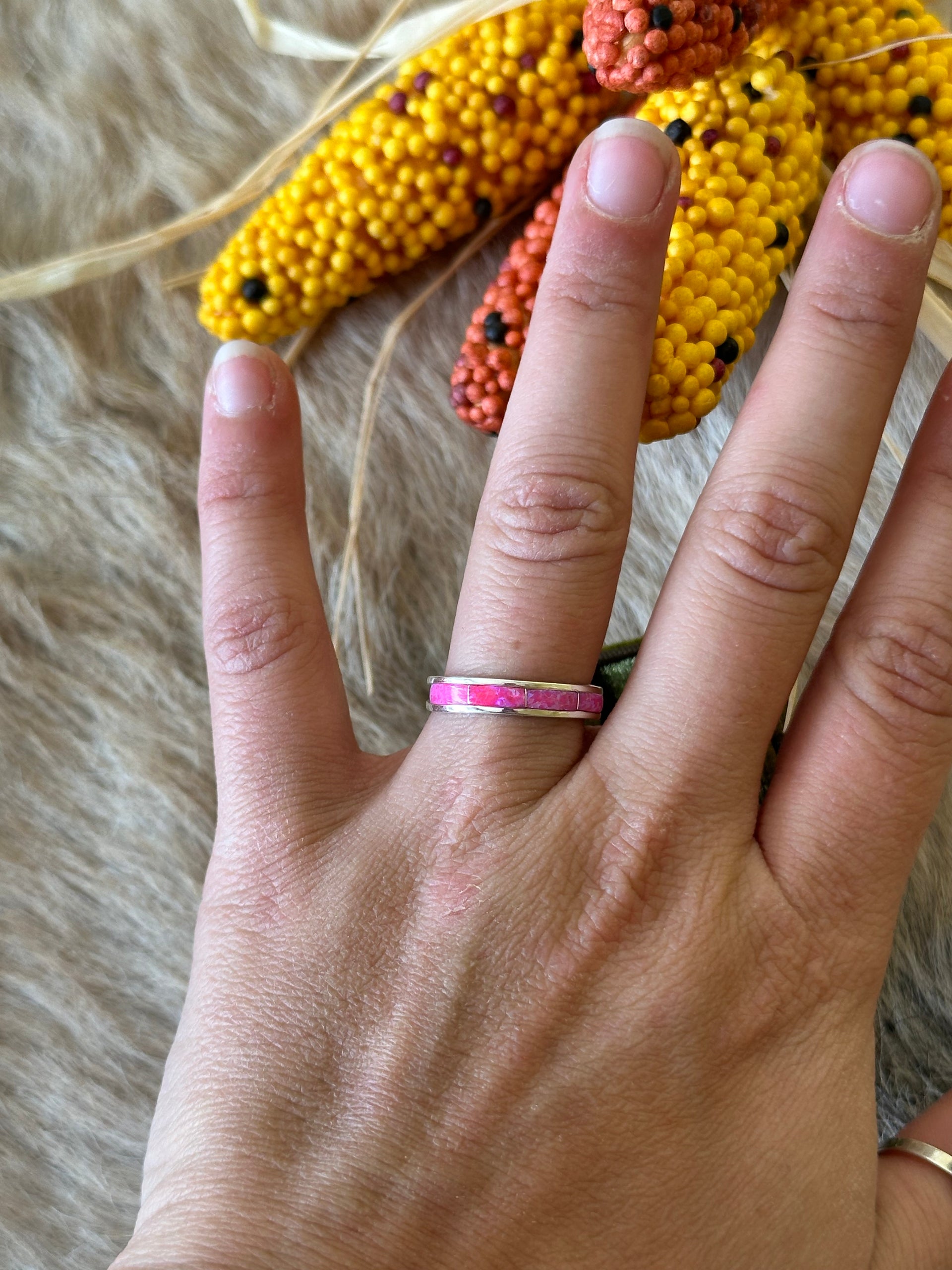 Navajo Made Pink Opal (Man-Made) & Sterling Silver Ring
