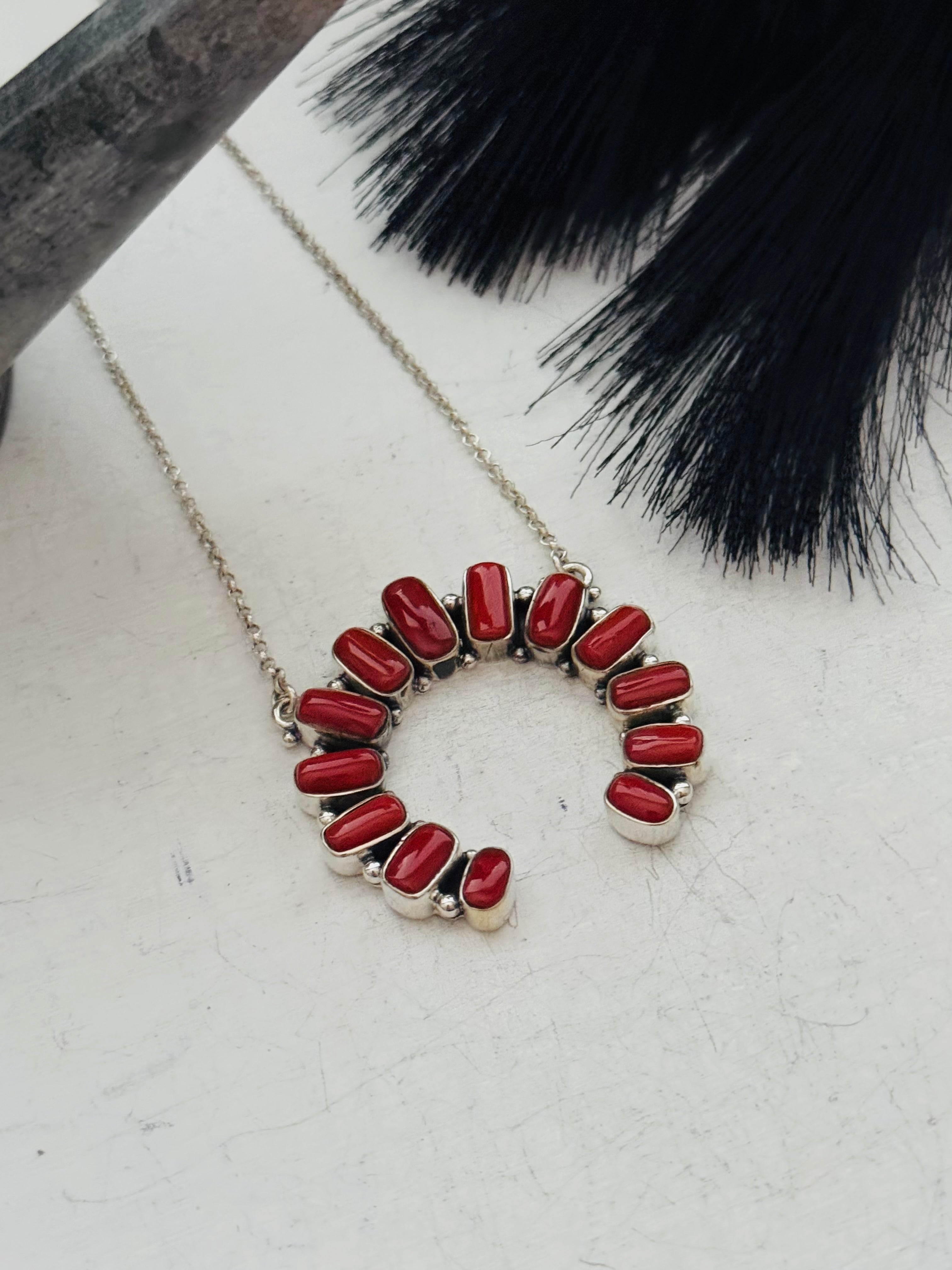 Southwest Handmade Coral & Sterling Silver Naja Necklace