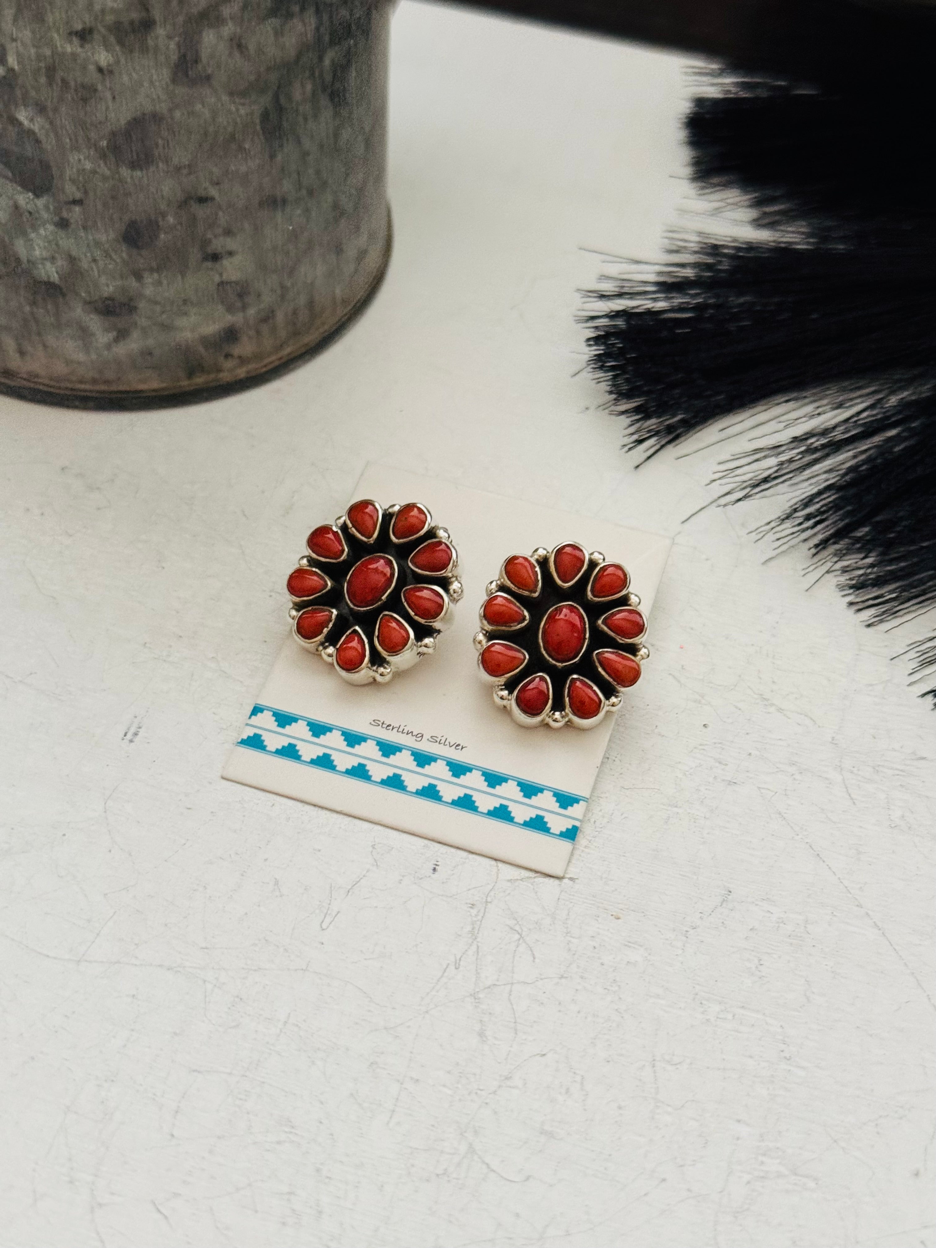 Southwest Handmade Red Coral & Sterling Silver Post Earrings